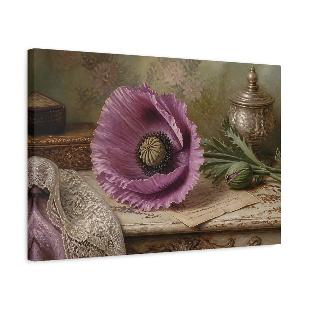 Side Mockup 3. Floral Purple Poppy Purple Floral shown as stretched canvas wall art