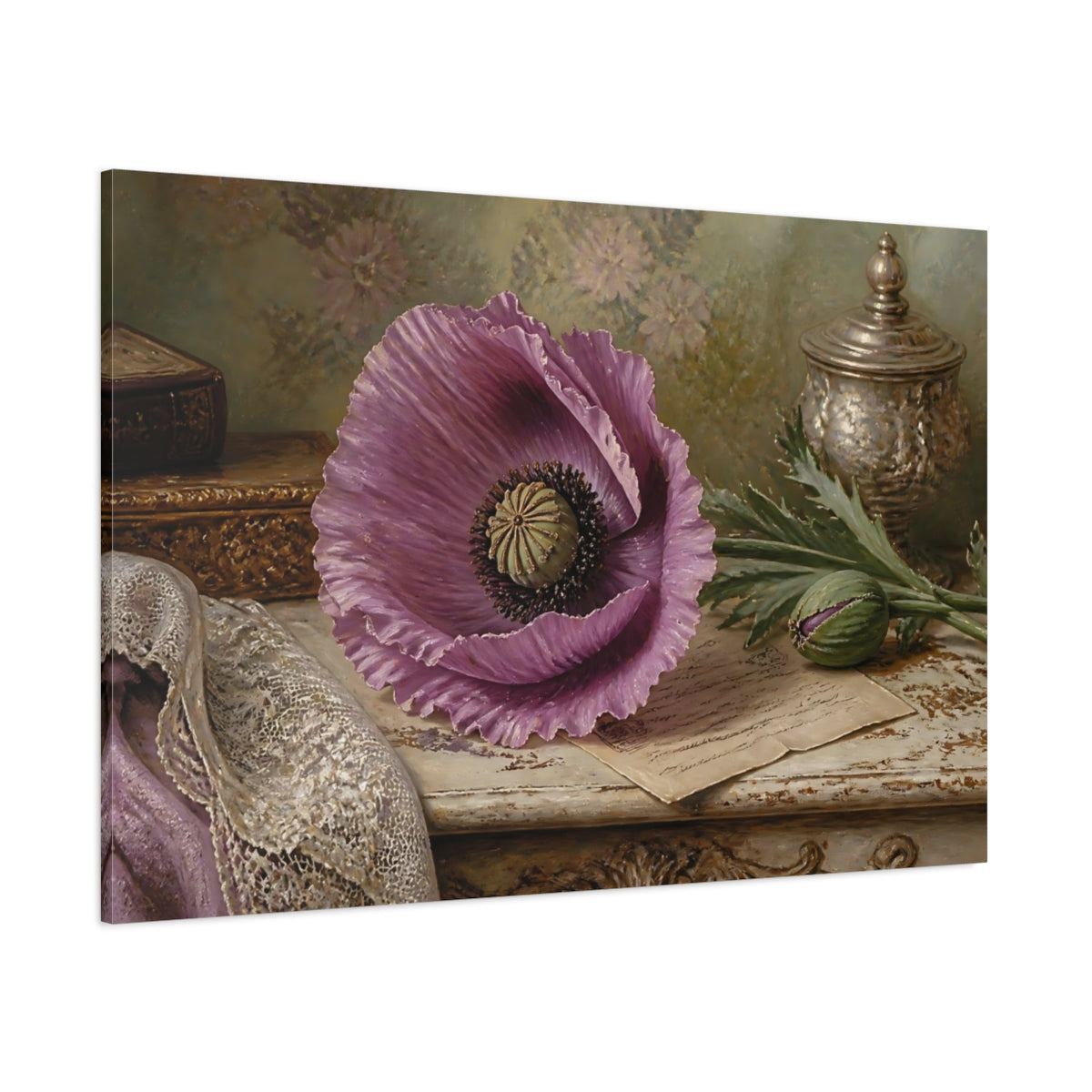 Side Mockup 1. Floral Purple Poppy Purple Floral shown as stretched canvas wall art