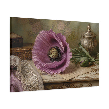 Main Mockup. Floral Purple Poppy Purple Floral shown as stretched canvas wall art