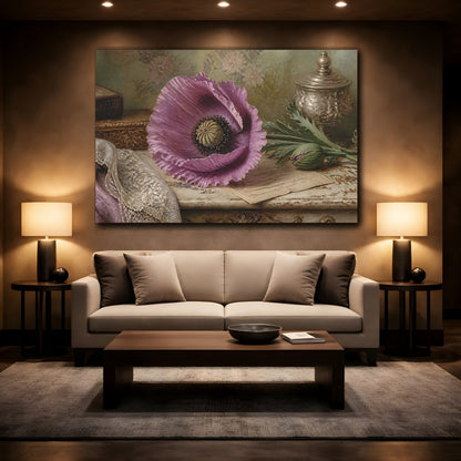 Mockup 2. Floral Purple Poppy Purple Floral shown as stretched canvas wall art