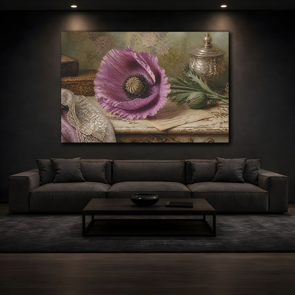 Mockup 3. Floral Purple Poppy Purple Floral shown as stretched canvas wall art