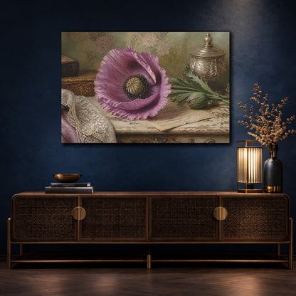 Mockup 4. Floral Purple Poppy Purple Floral shown as stretched canvas wall art