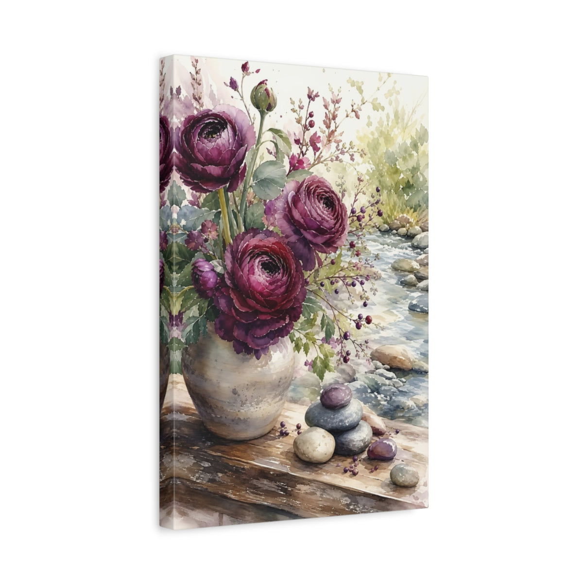 Side Mockup 4. Floral Purple Ranunculus Purple Floral shown as stretched canvas wall art