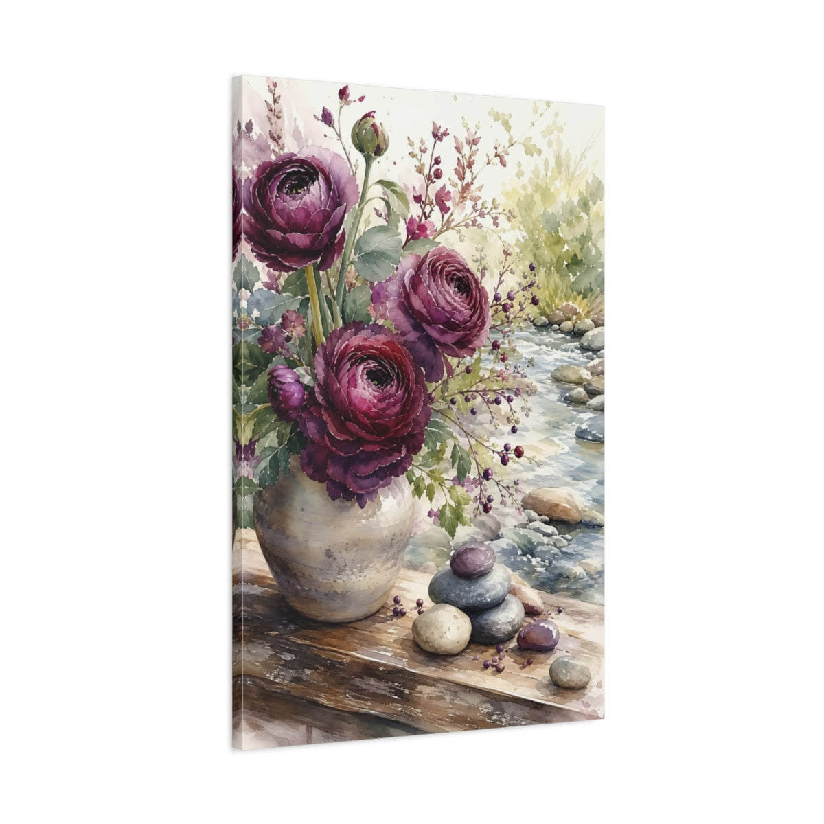 Main Mockup. Floral Purple Ranunculus Purple Floral shown as stretched canvas wall art