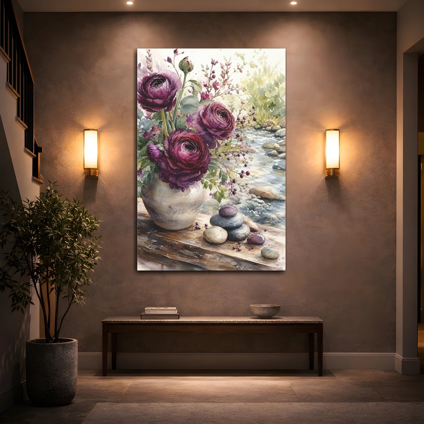 Mockup 2. Floral Purple Ranunculus Purple Floral shown as stretched canvas wall art