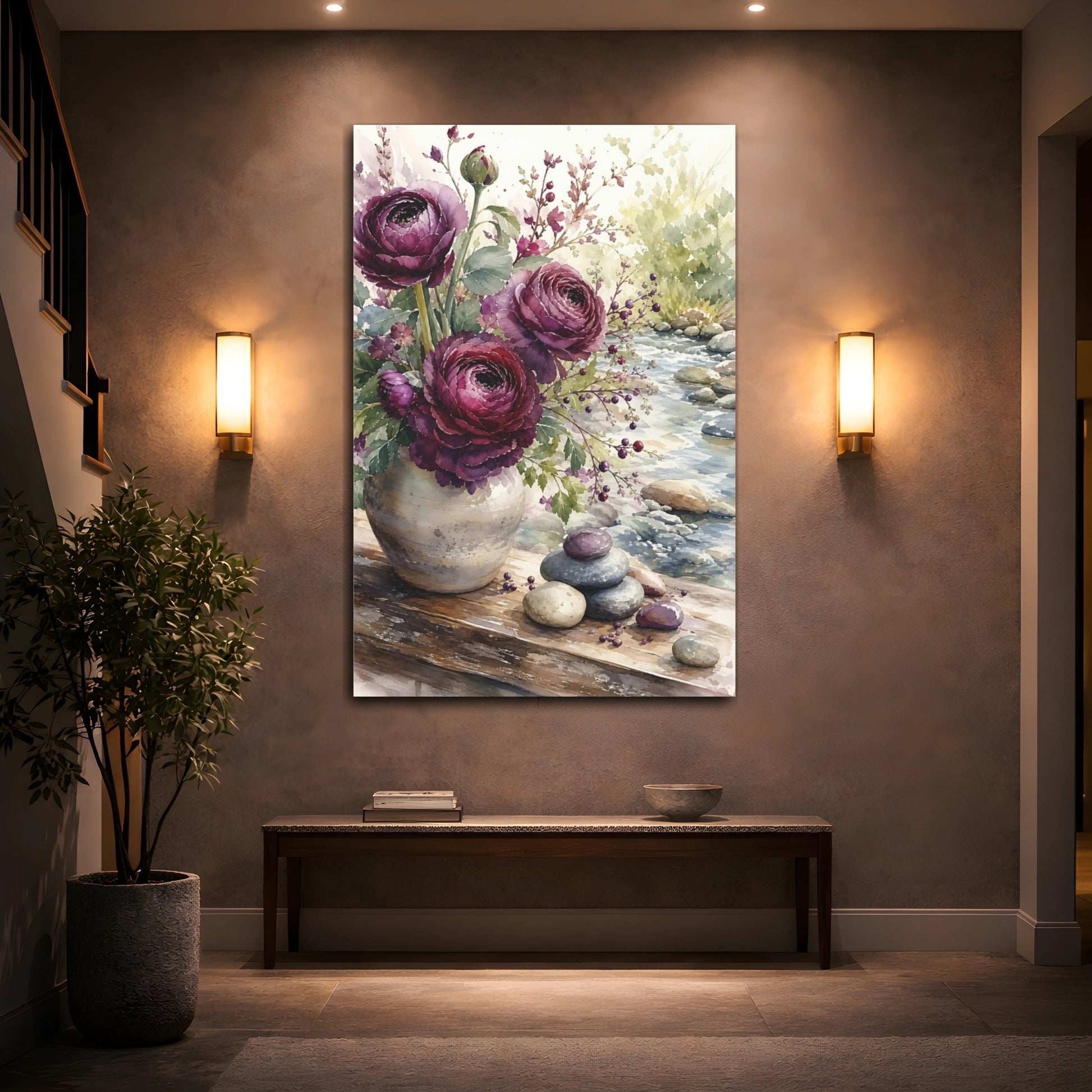 Mockup 2. Floral Purple Ranunculus Purple Floral shown as stretched canvas wall art