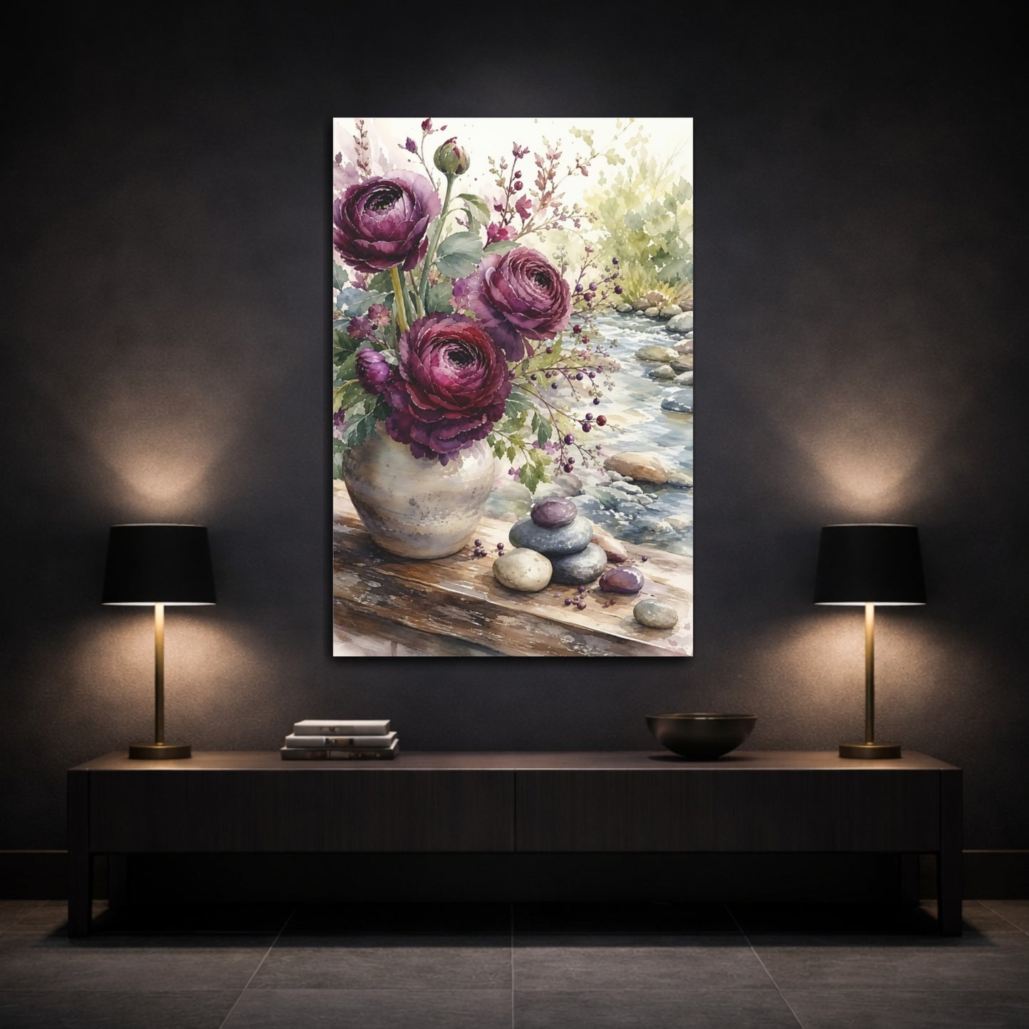 Mockup 3. Floral Purple Ranunculus Purple Floral shown as stretched canvas wall art