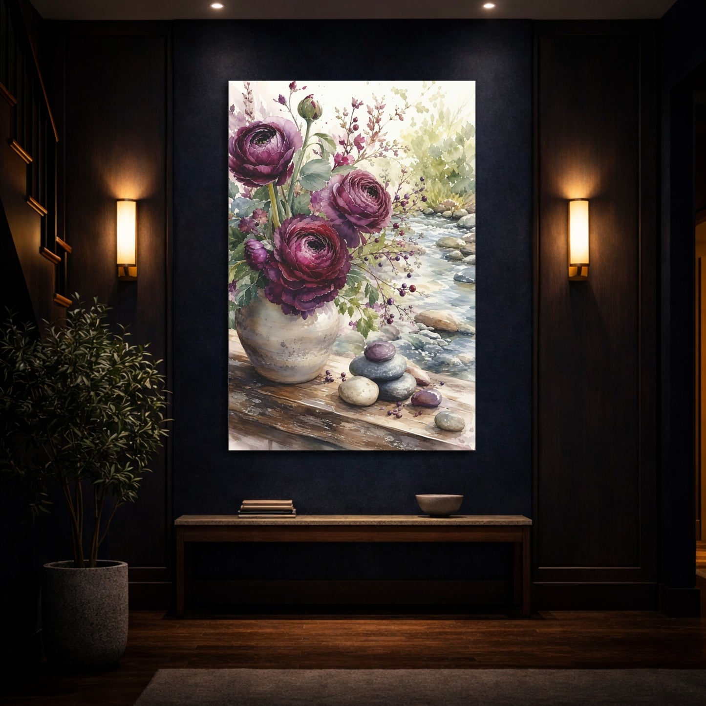 Mockup 4. Floral Purple Ranunculus Purple Floral shown as stretched canvas wall art