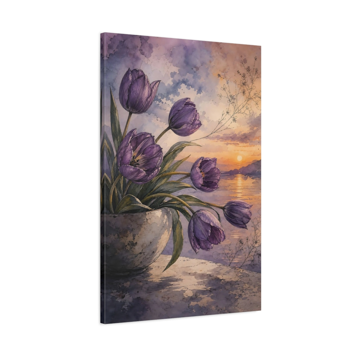 Main Mockup. Floral Purple Tulips Purple Floral Sunset shown as stretched canvas wall art