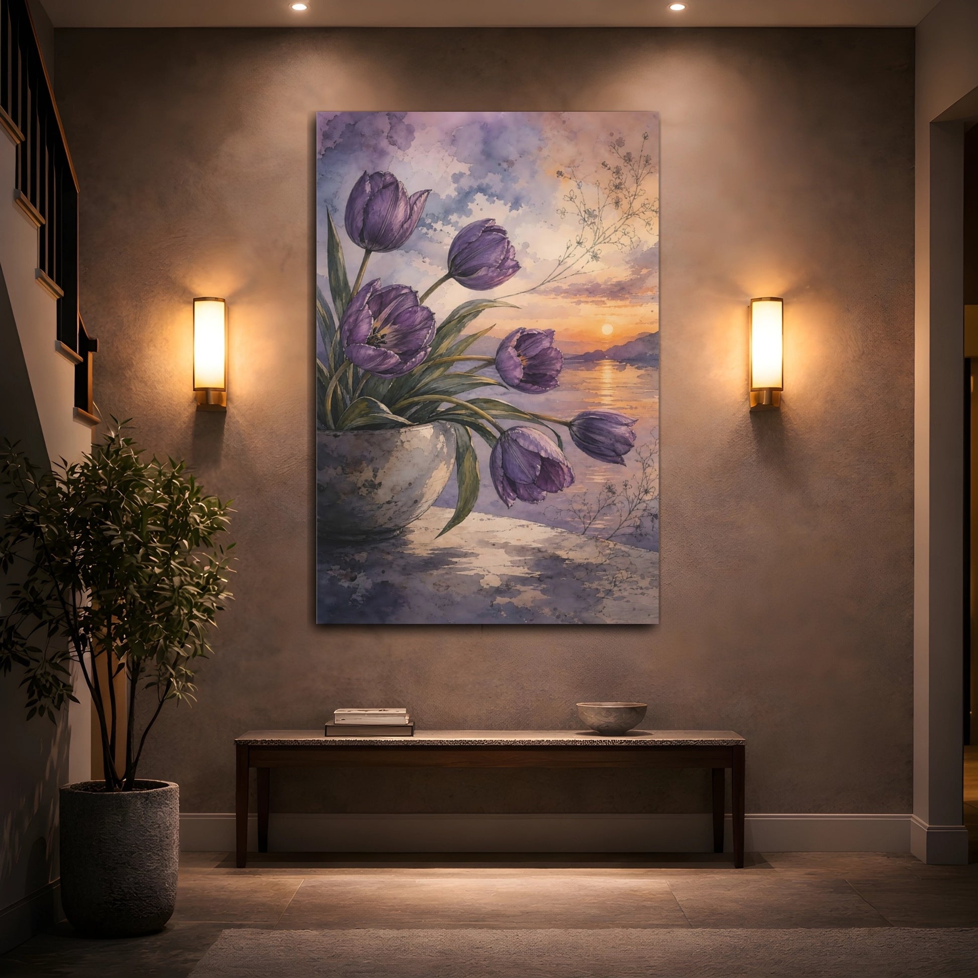 Mockup 2. Floral Purple Tulips Purple Floral Sunset shown as stretched canvas wall art
