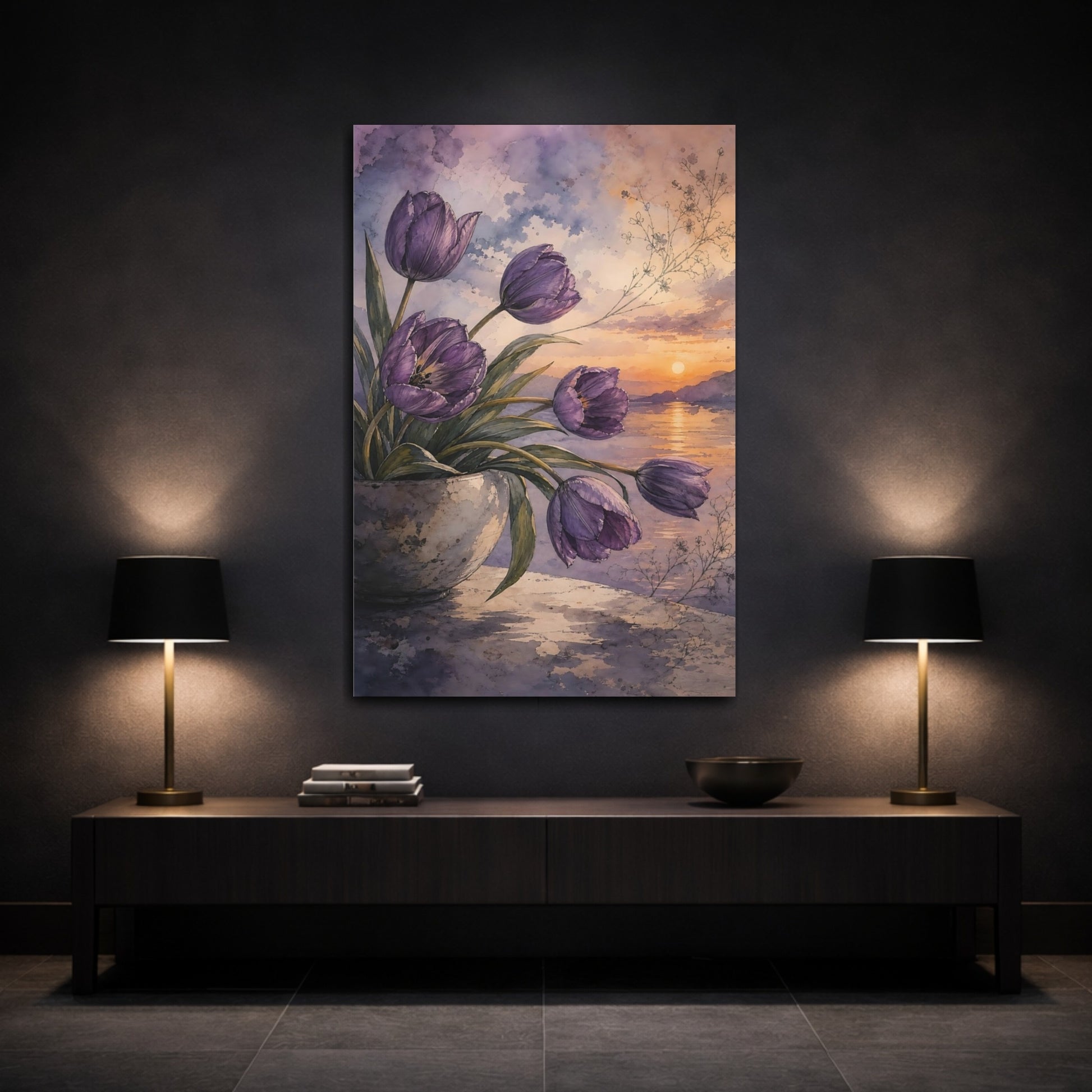 Mockup 3. Floral Purple Tulips Purple Floral Sunset shown as stretched canvas wall art