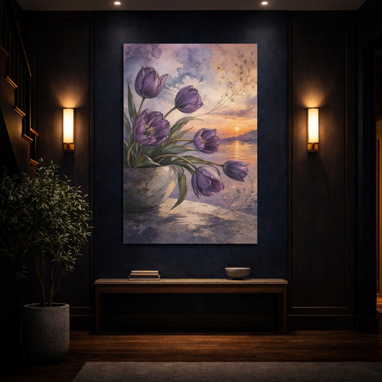 Mockup 4. Floral Purple Tulips Purple Floral Sunset shown as stretched canvas wall art