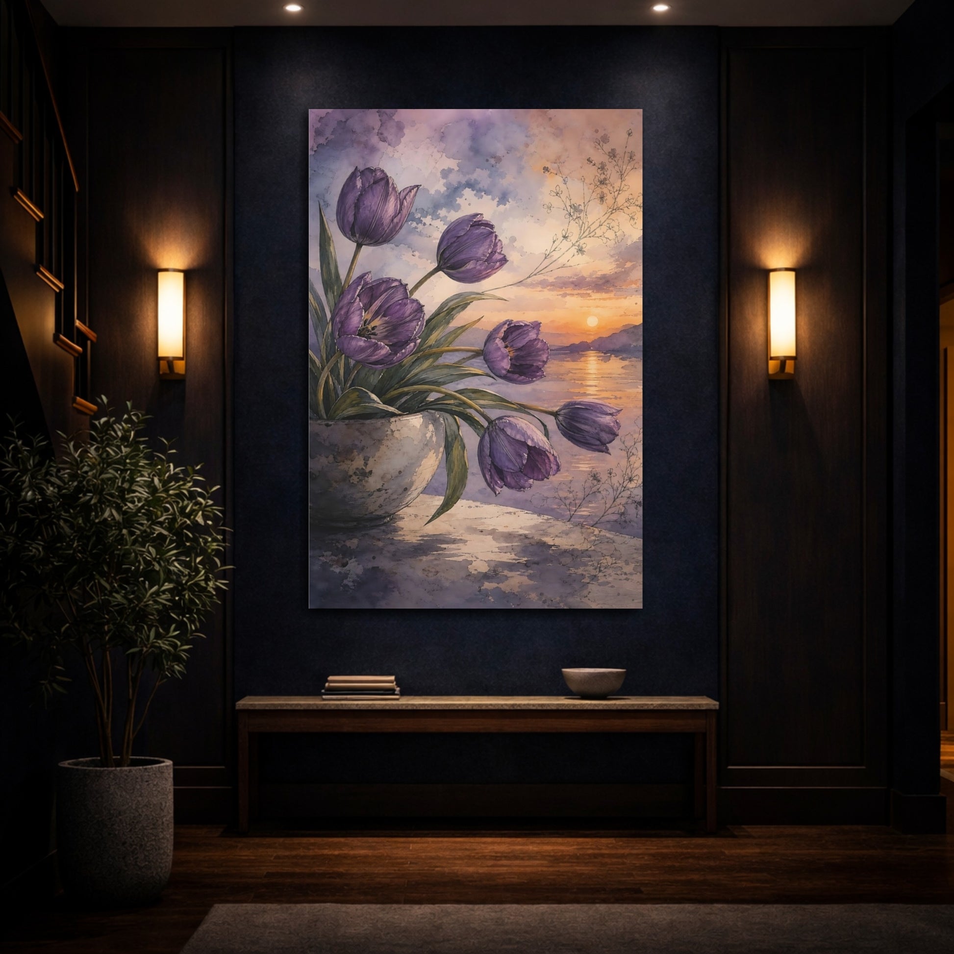 Mockup 4. Floral Purple Tulips Purple Floral Sunset shown as stretched canvas wall art
