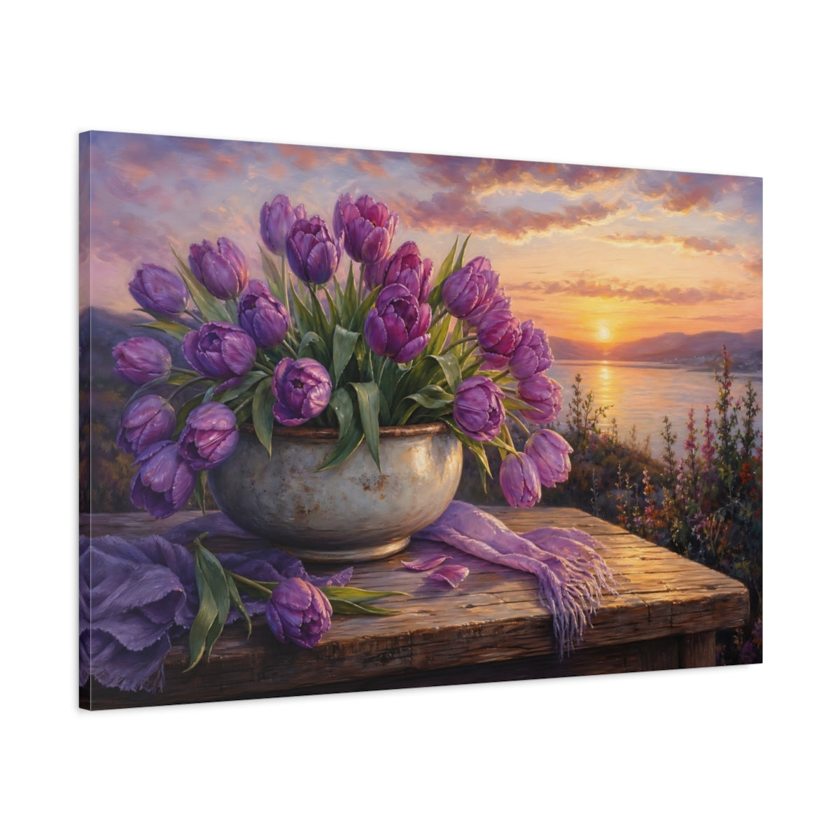 Main Mockup. Floral Purple Tulips Purple Sunset Floral shown as stretched canvas wall art