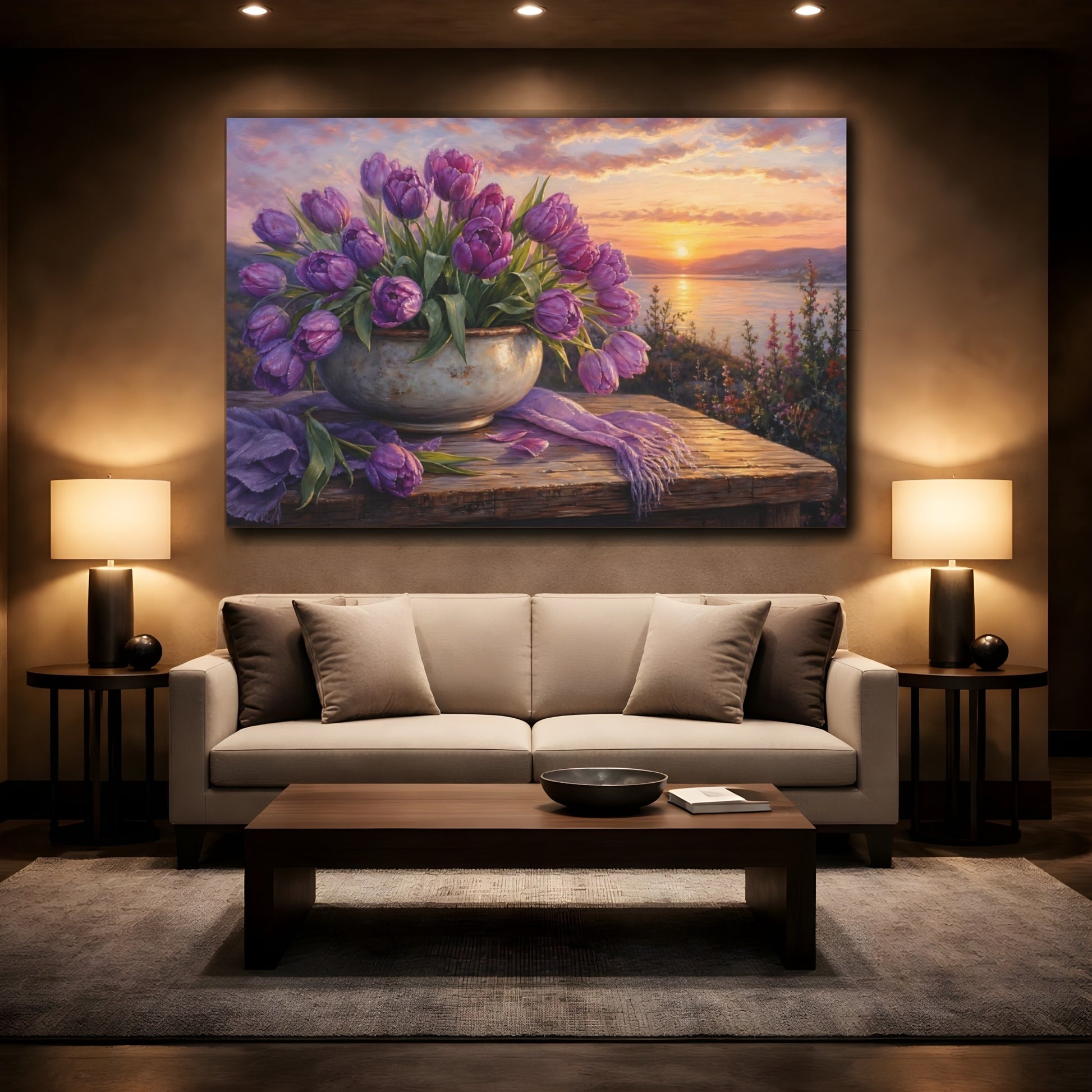 Mockup 2. Floral Purple Tulips Purple Sunset Floral shown as stretched canvas wall art