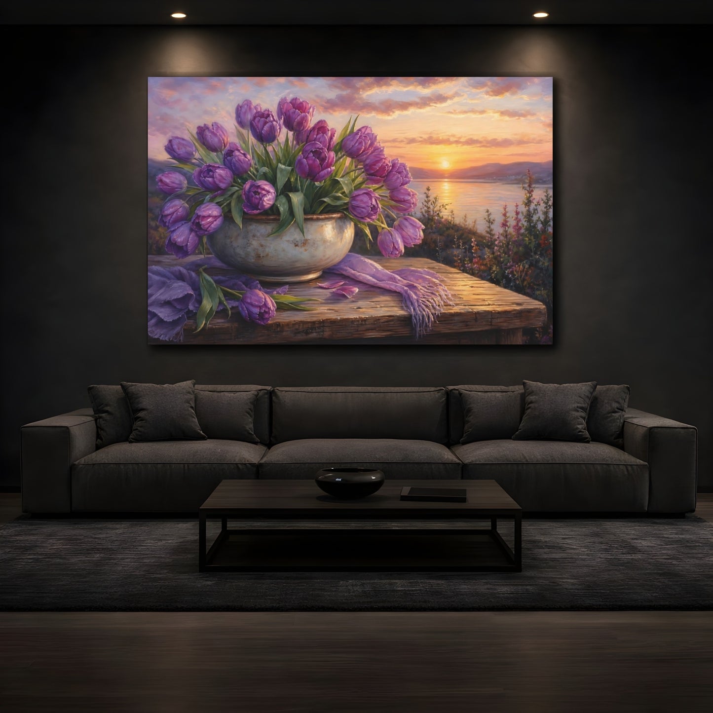 Mockup 3. Floral Purple Tulips Purple Sunset Floral shown as stretched canvas wall art