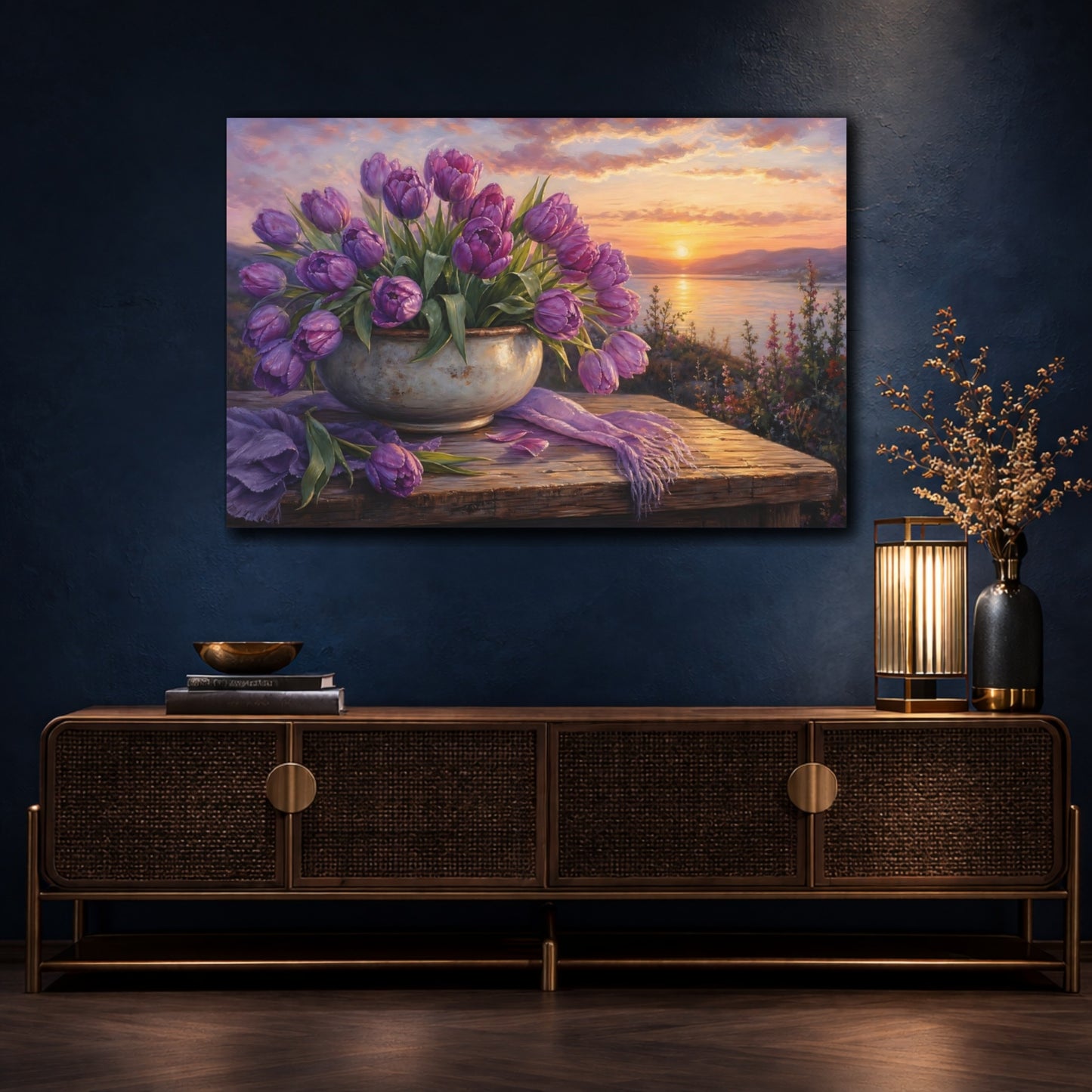 Mockup 4. Floral Purple Tulips Purple Sunset Floral shown as stretched canvas wall art