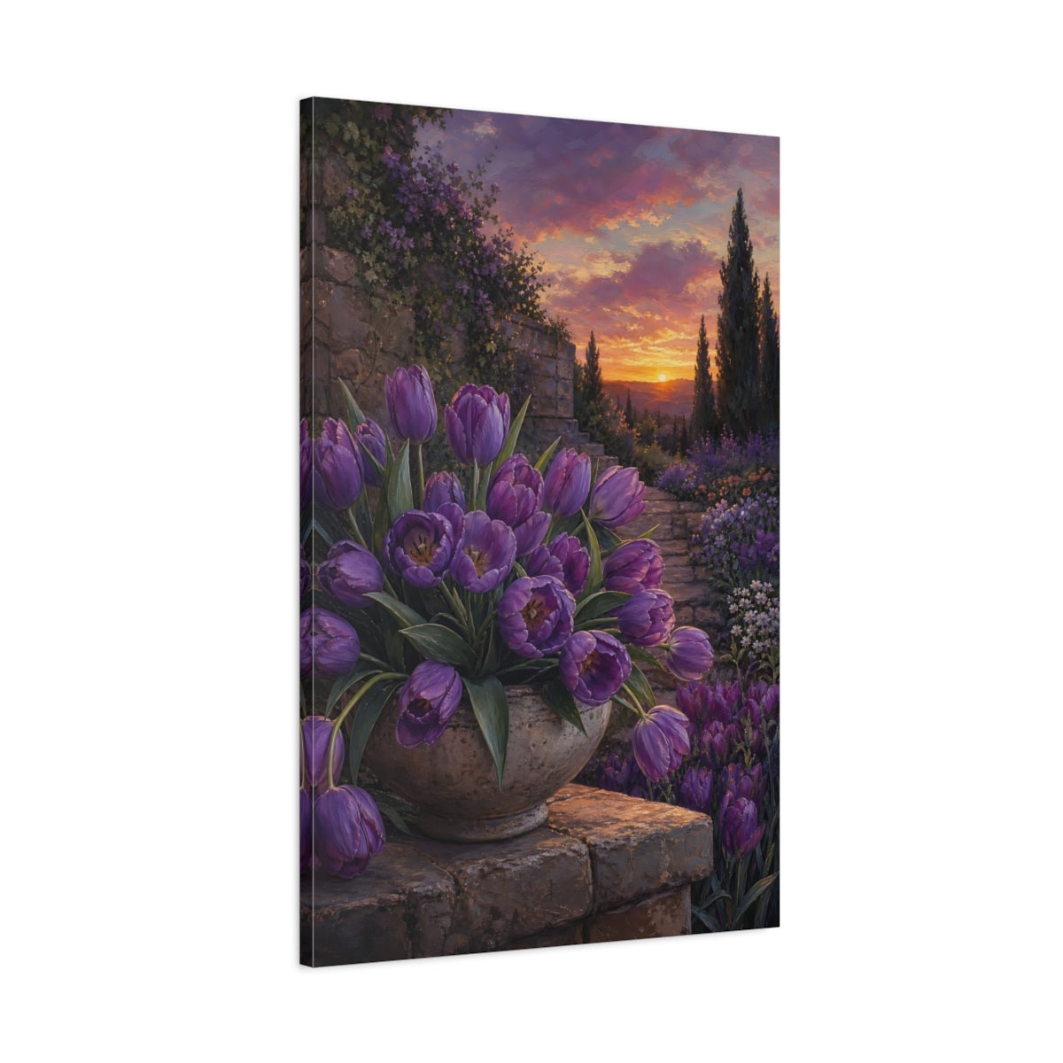 Main Mockup. Floral Purple Tulips Purple Tulips Sunset shown as stretched canvas wall art