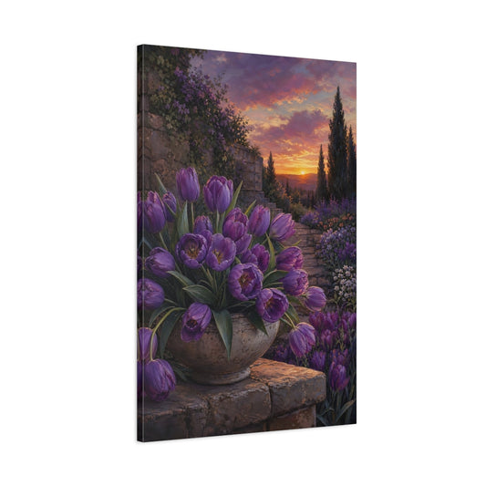 Main Mockup. Floral Purple Tulips Purple Tulips Sunset shown as stretched canvas wall art