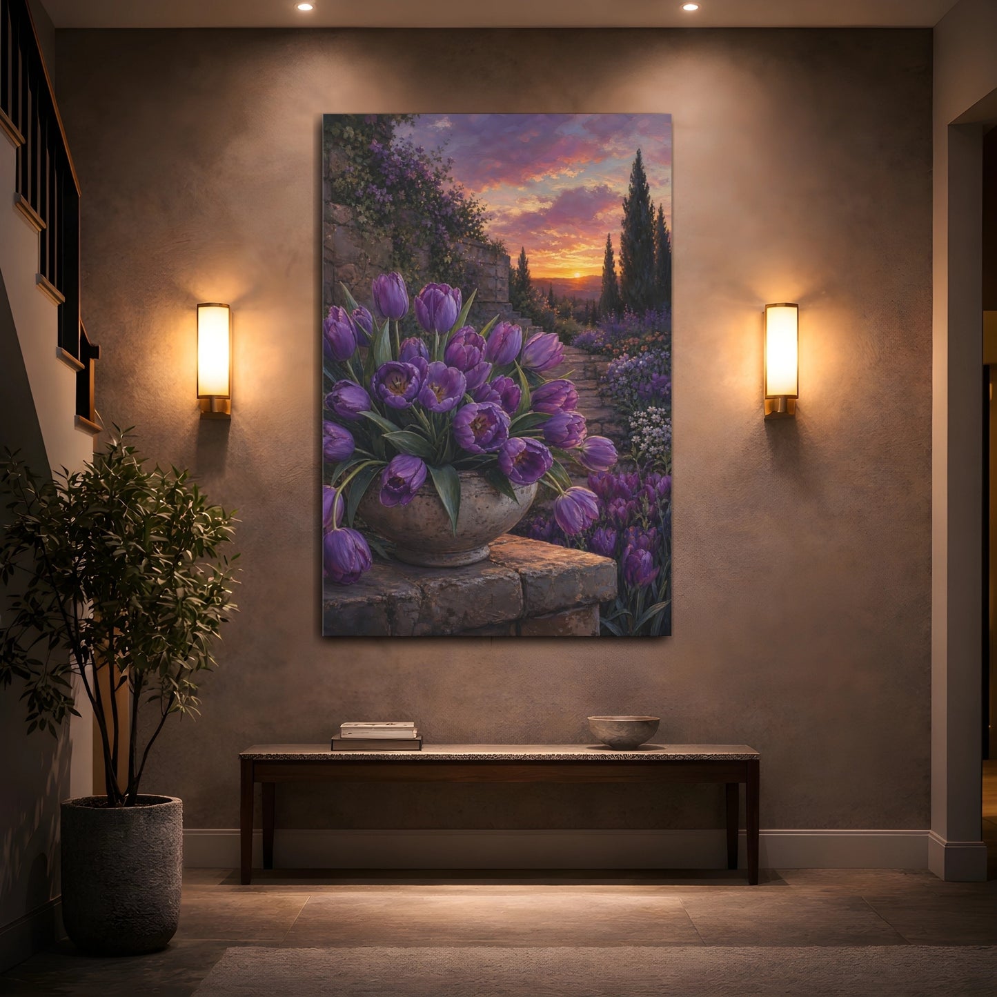 Mockup 2. Floral Purple Tulips Purple Tulips Sunset shown as stretched canvas wall art