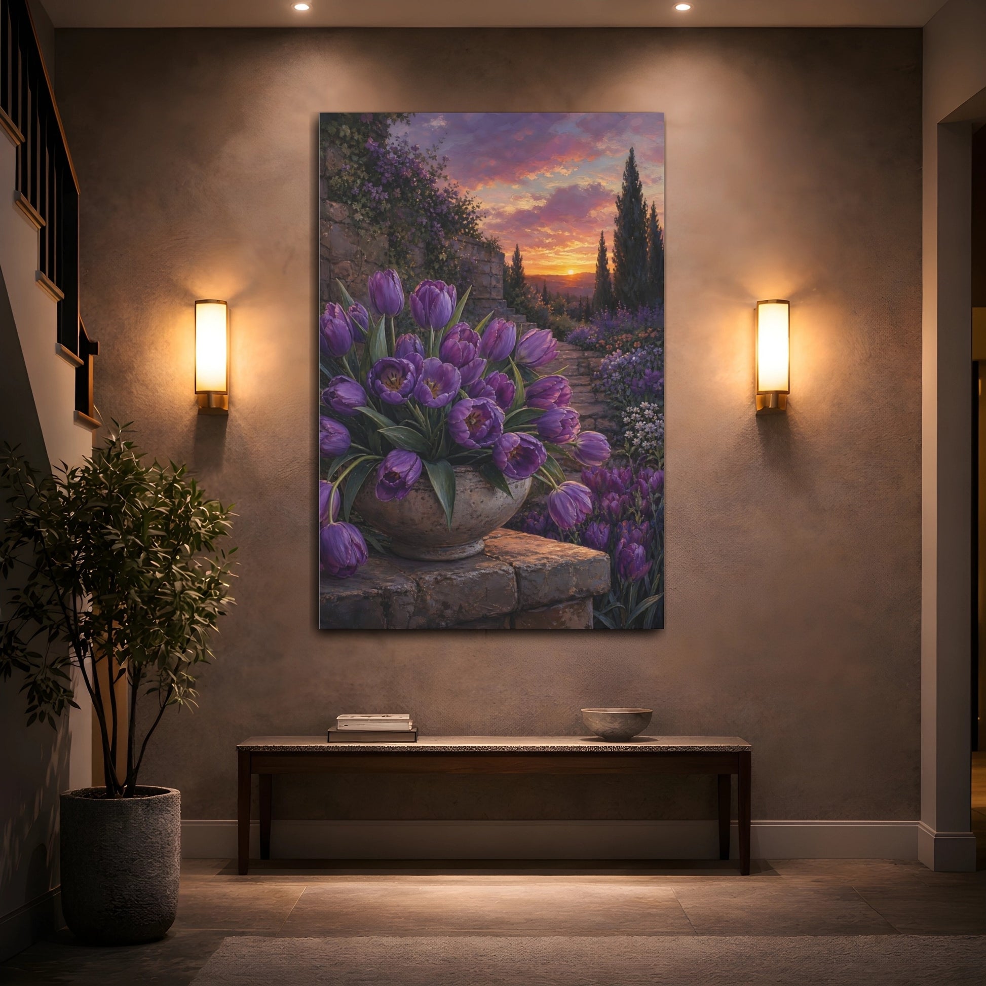 Mockup 2. Floral Purple Tulips Purple Tulips Sunset shown as stretched canvas wall art