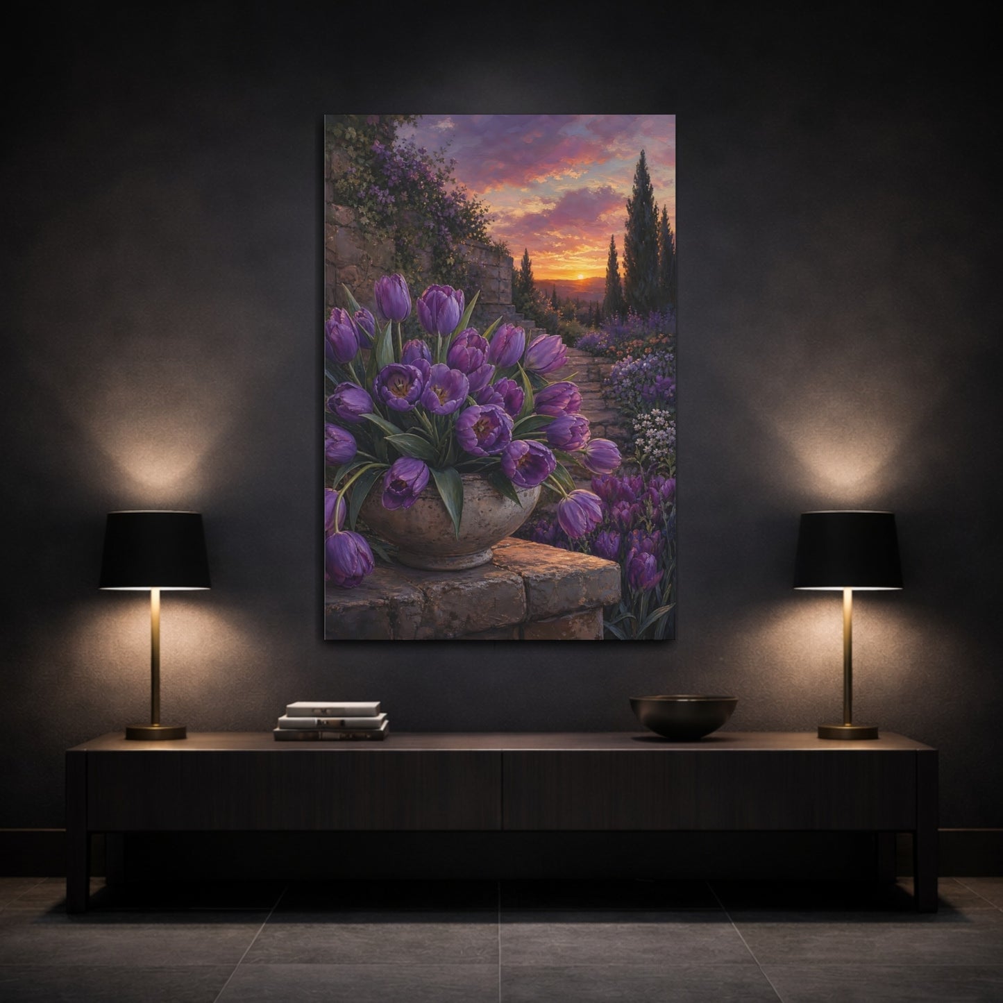 Mockup 3. Floral Purple Tulips Purple Tulips Sunset shown as stretched canvas wall art