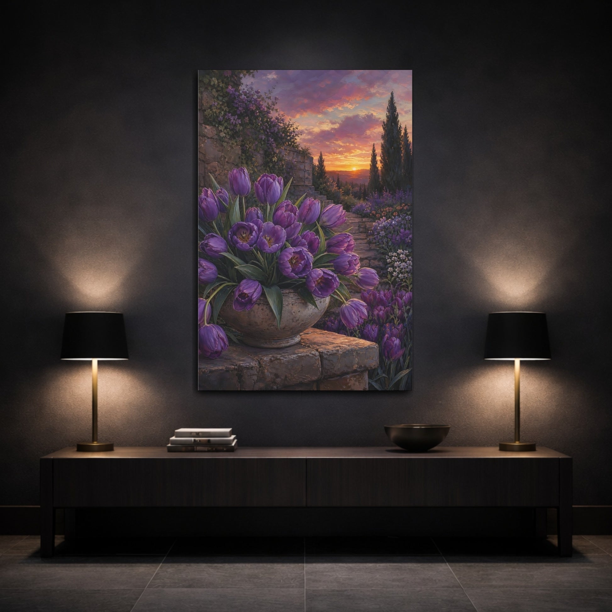 Mockup 3. Floral Purple Tulips Purple Tulips Sunset shown as stretched canvas wall art