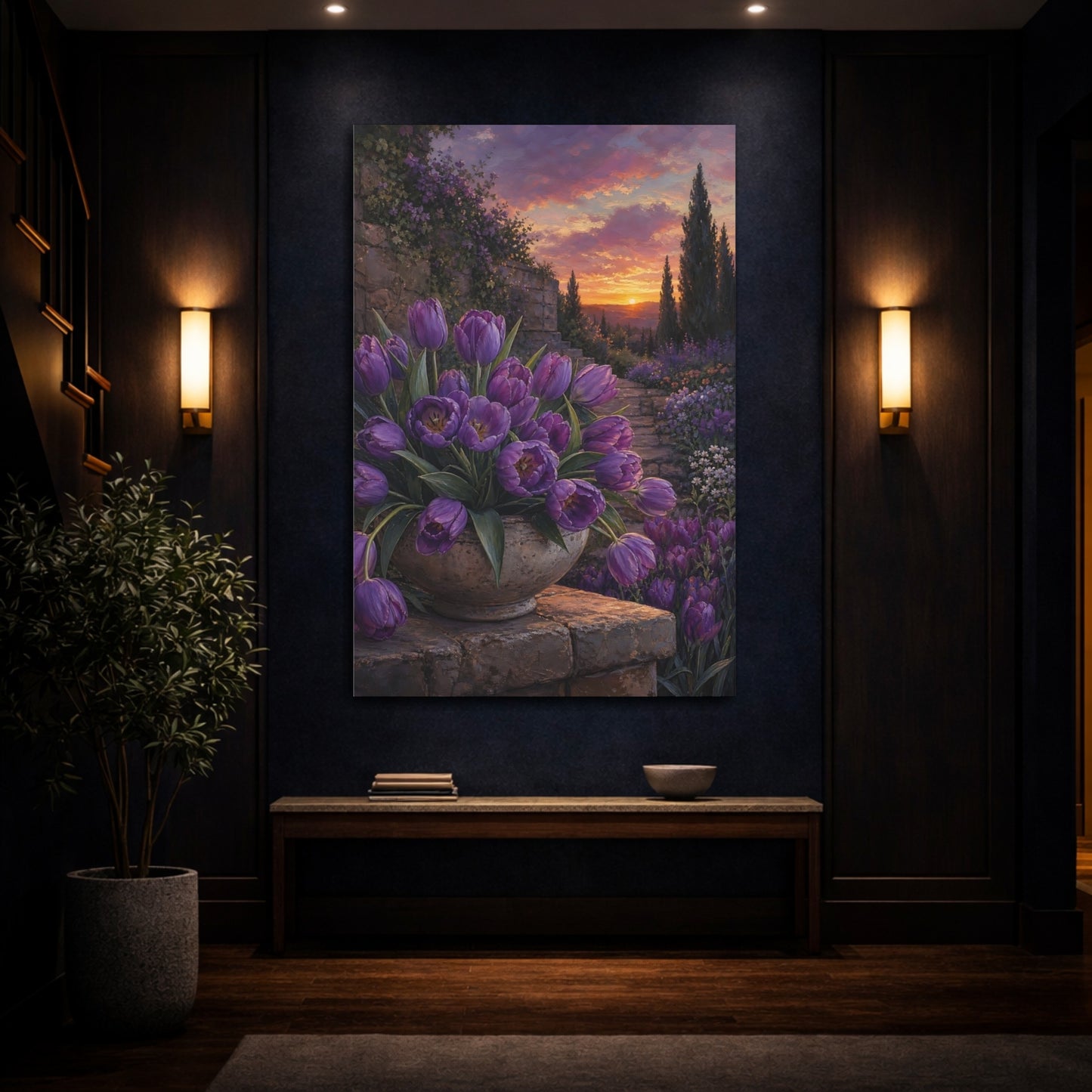 Mockup 4. Floral Purple Tulips Purple Tulips Sunset shown as stretched canvas wall art