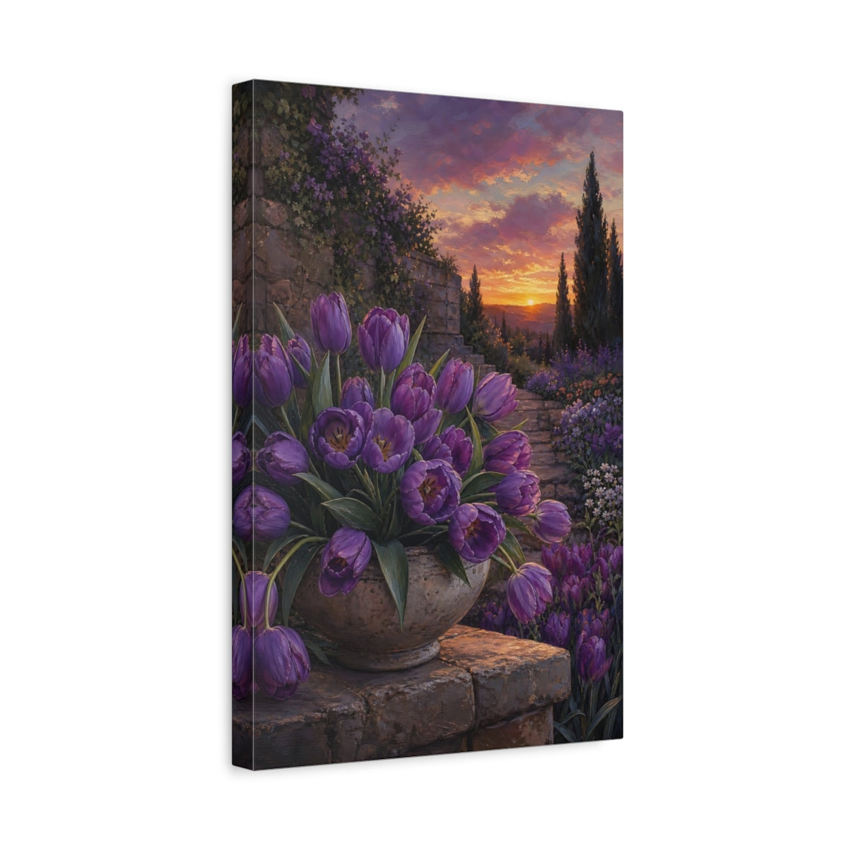 Side Mockup 4. Floral Purple Tulips Purple Tulips Sunset shown as stretched canvas wall art