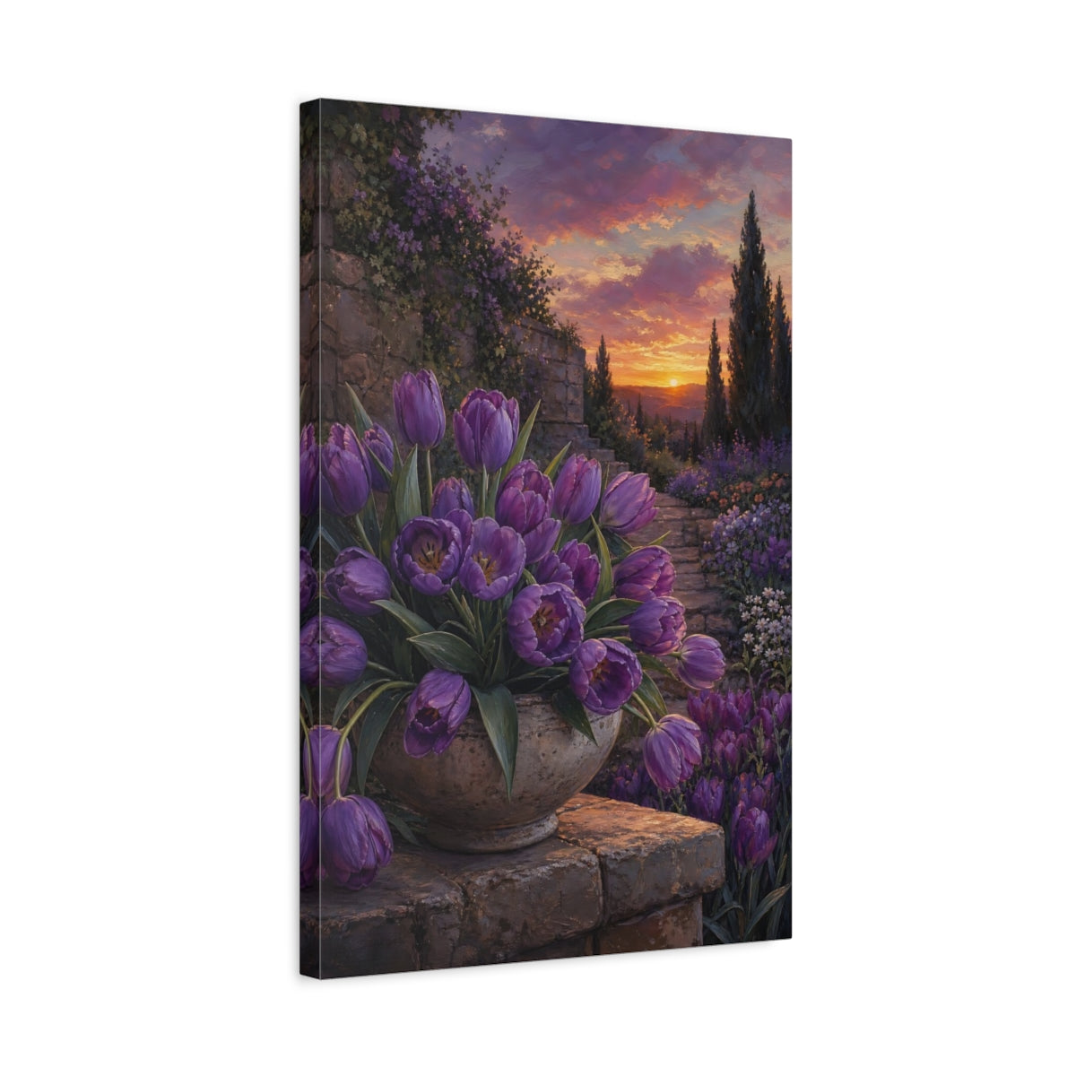 Side Mockup 3. Floral Purple Tulips Purple Tulips Sunset shown as stretched canvas wall art