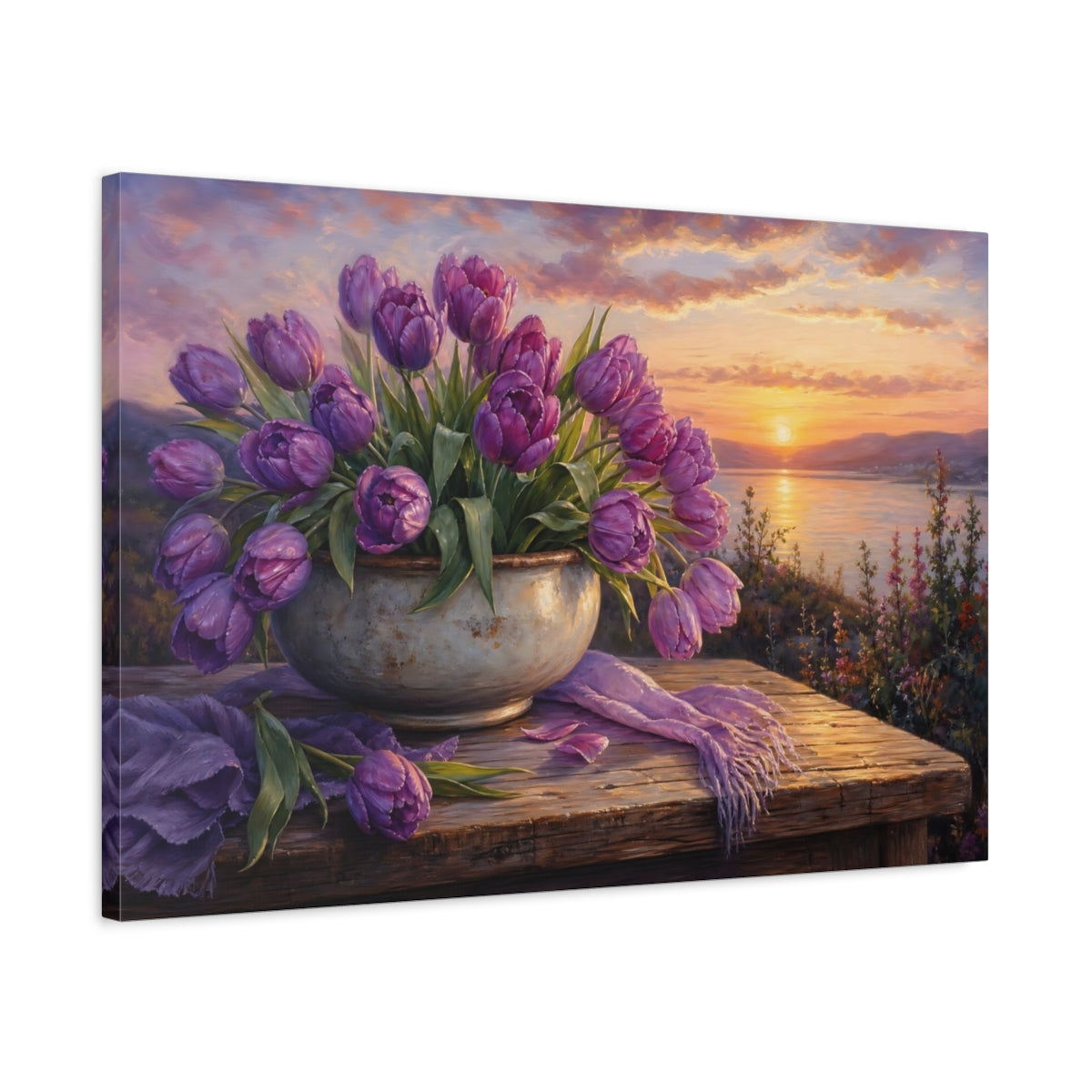 Side Mockup 2. Floral Purple Tulips Purple Sunset Floral shown as stretched canvas wall art