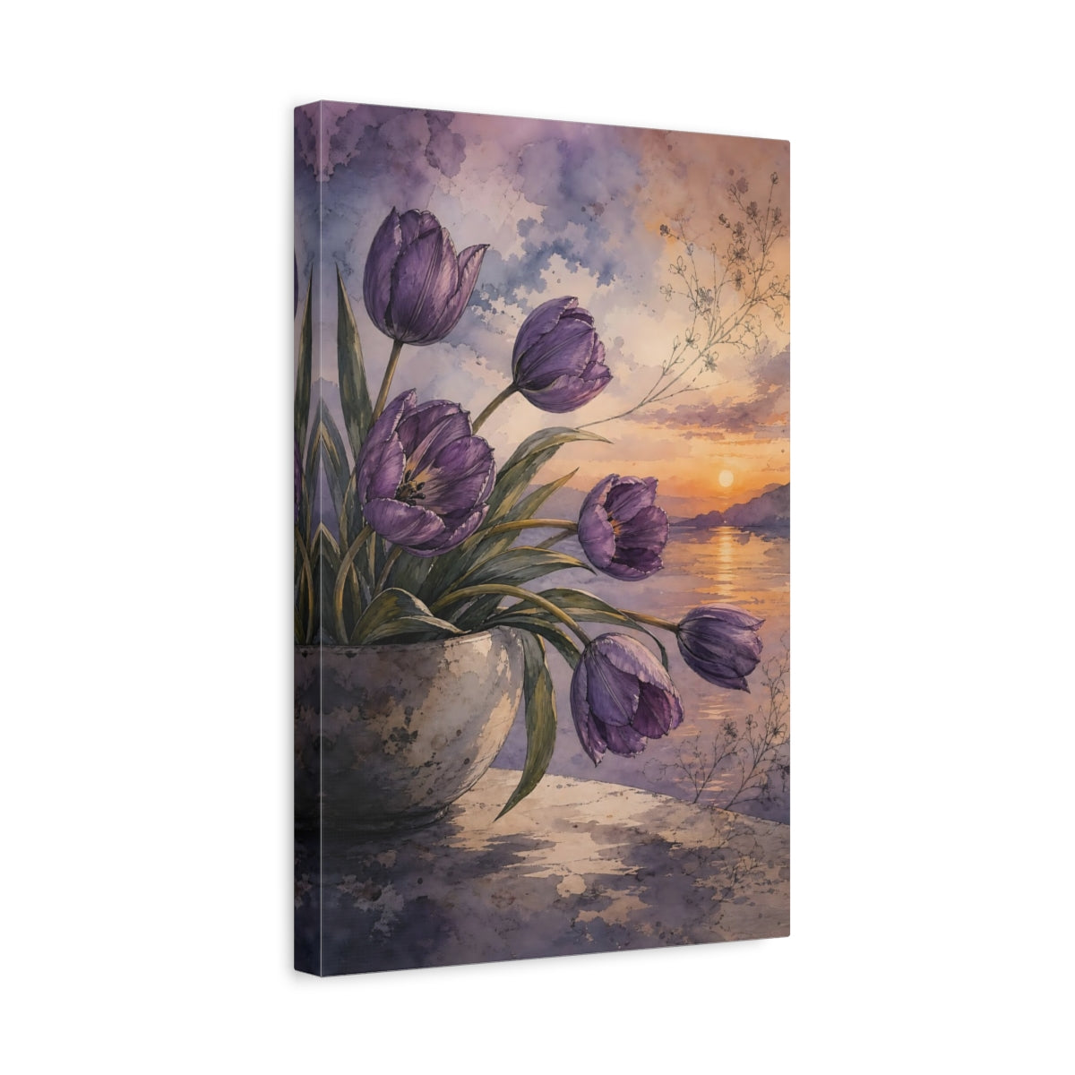 Side Mockup 4. Floral Purple Tulips Purple Floral Sunset shown as stretched canvas wall art