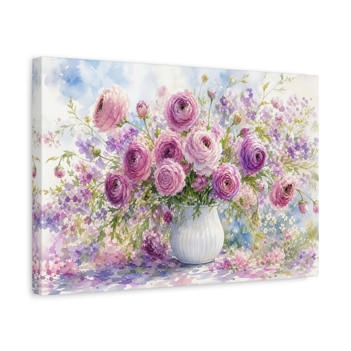 Side Mockup 4. Floral Ranunculus Bouquet Pink Purple Floral shown as stretched canvas wall art