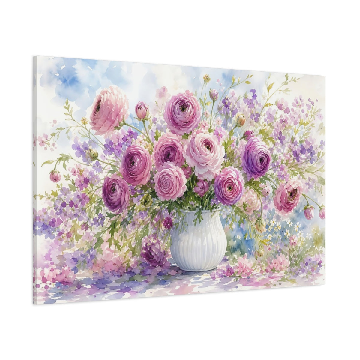 Side Mockup 1. Floral Ranunculus Bouquet Pink Purple Floral shown as stretched canvas wall art