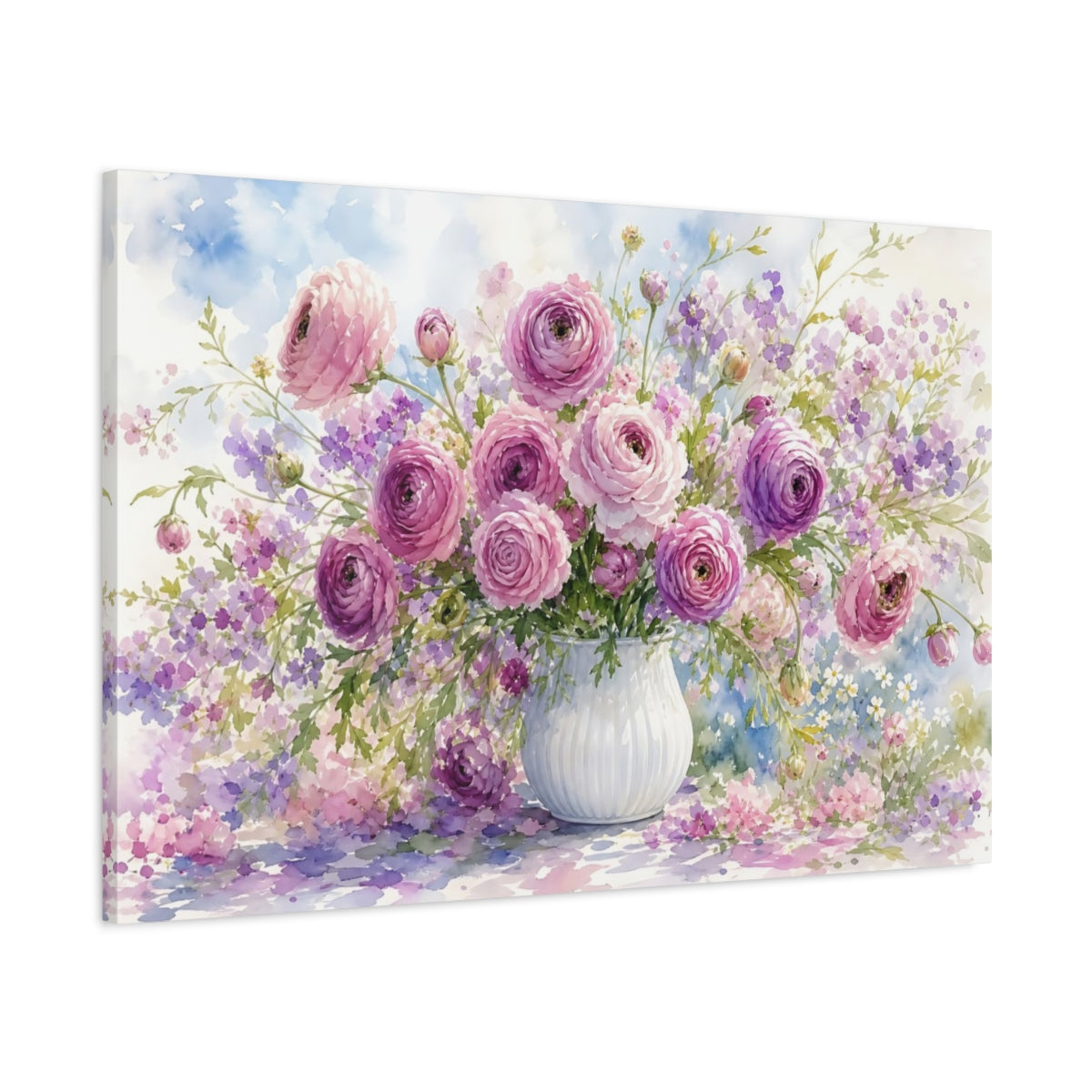 Main Mockup. Floral Ranunculus Bouquet Pink Purple Floral shown as stretched canvas wall art