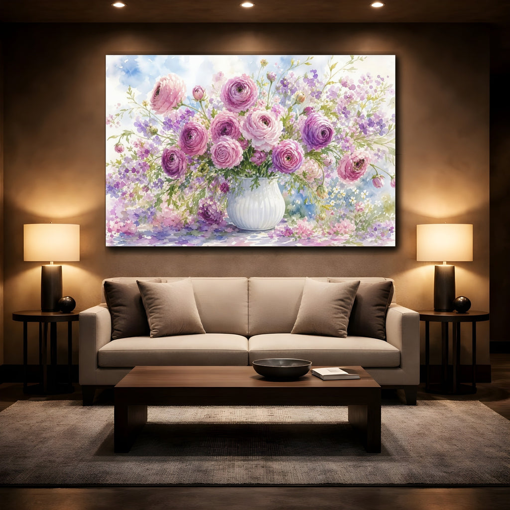 Mockup 2. Floral Ranunculus Bouquet Pink Purple Floral shown as stretched canvas wall art