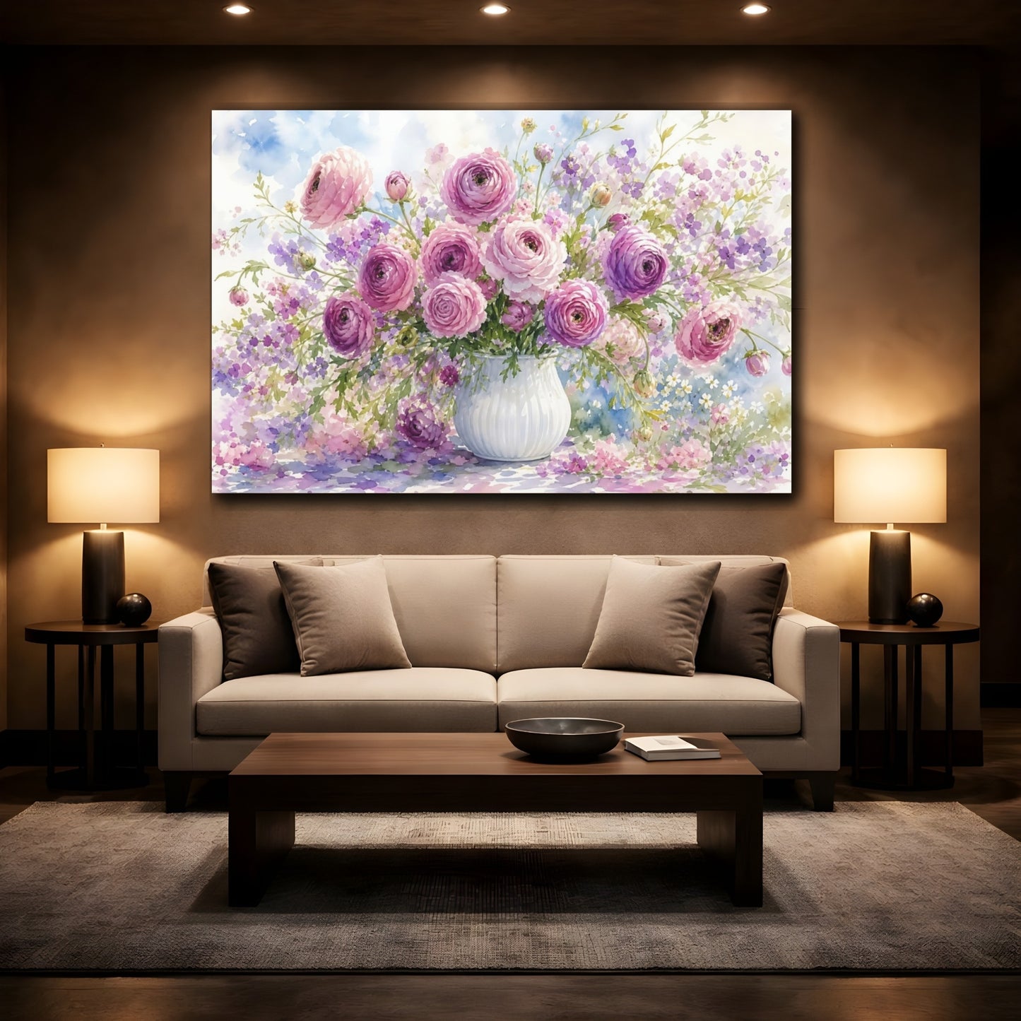 Mockup 2. Floral Ranunculus Bouquet Pink Purple Floral shown as stretched canvas wall art