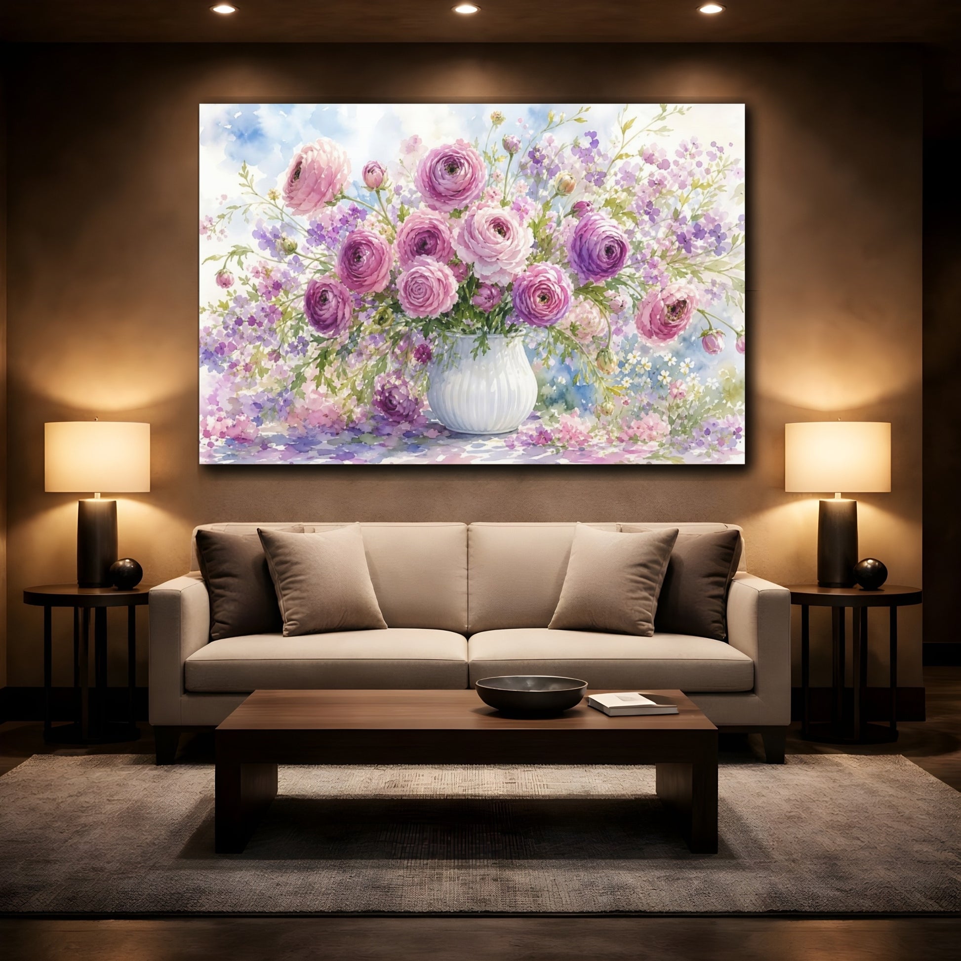 Mockup 2. Floral Ranunculus Bouquet Pink Purple Floral shown as stretched canvas wall art