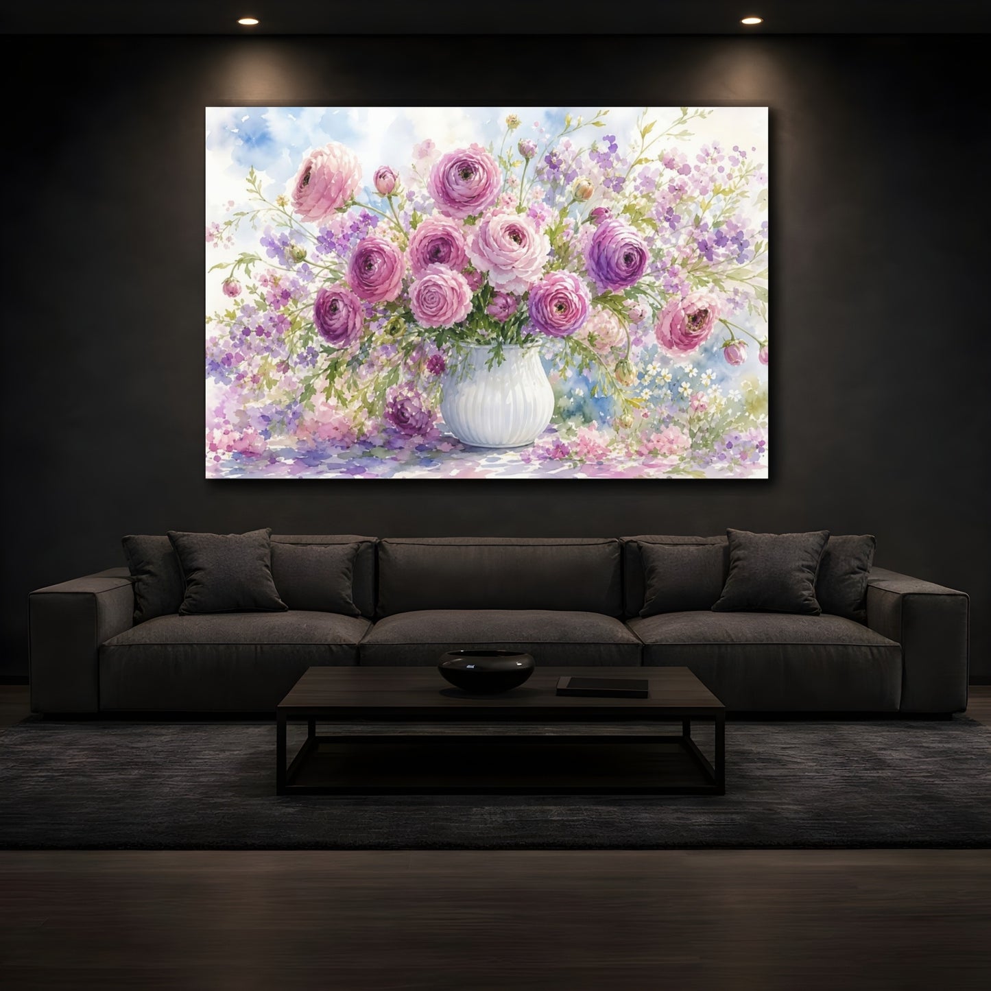 Mockup 3. Floral Ranunculus Bouquet Pink Purple Floral shown as stretched canvas wall art