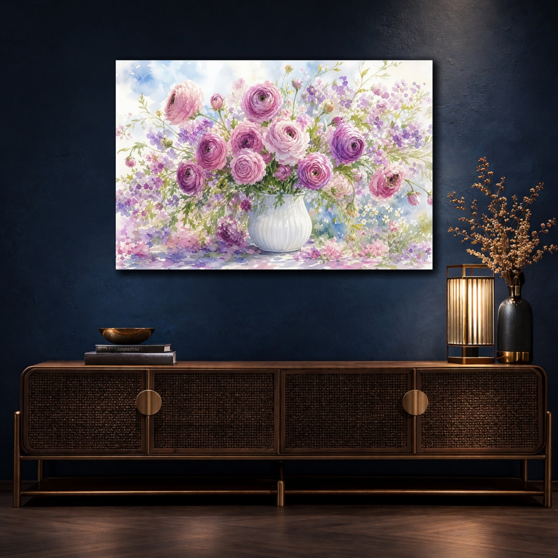 Mockup 4. Floral Ranunculus Bouquet Pink Purple Floral shown as stretched canvas wall art