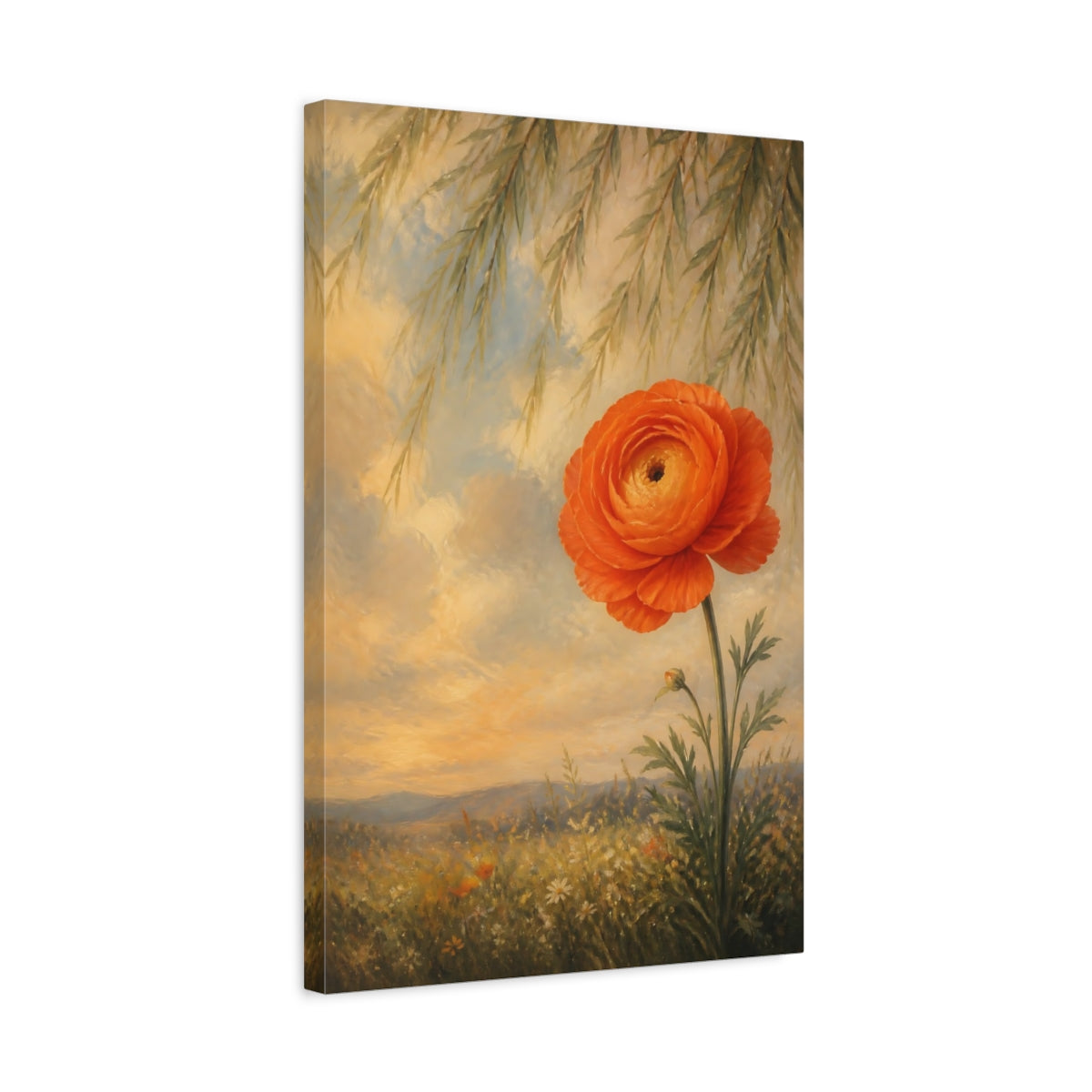 Side Mockup 3. Floral Ranunculus Flower Orange Floral shown as stretched canvas wall art