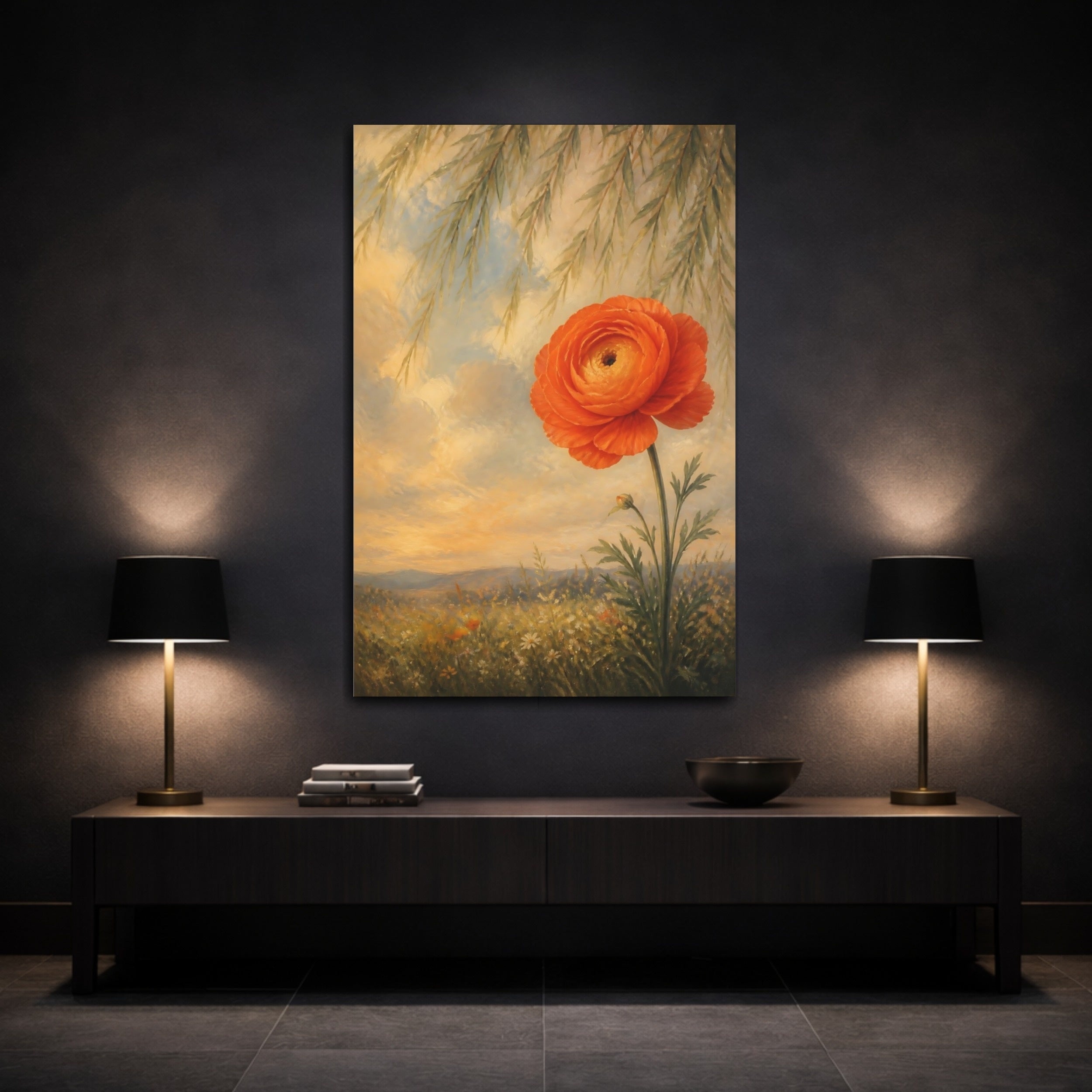 Mockup 3. Floral Ranunculus Flower Orange Floral shown as stretched canvas wall art