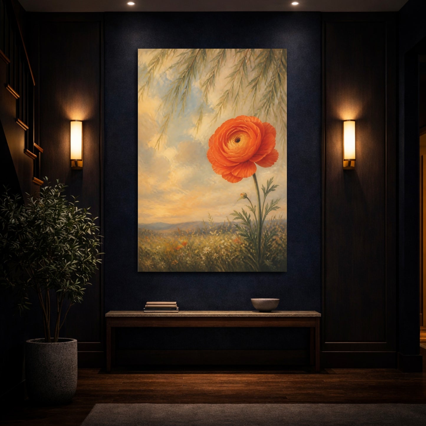 Mockup 4. Floral Ranunculus Flower Orange Floral shown as stretched canvas wall art