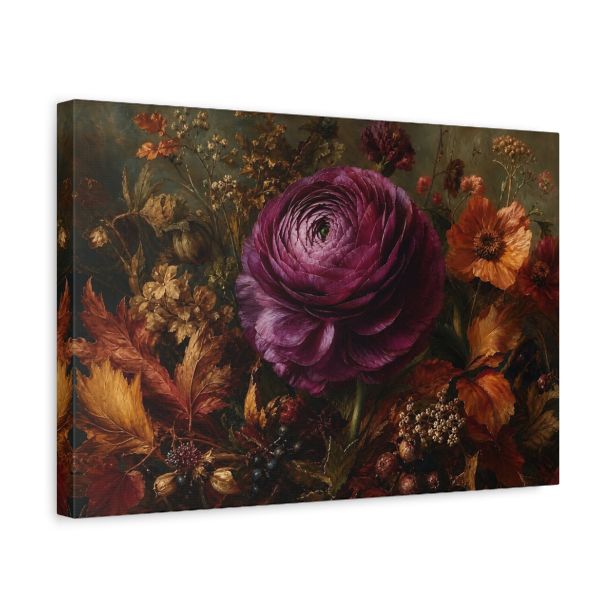 Side Mockup 4. Floral Ranunculus Flower Purple And Gold Floral shown as stretched canvas wall art