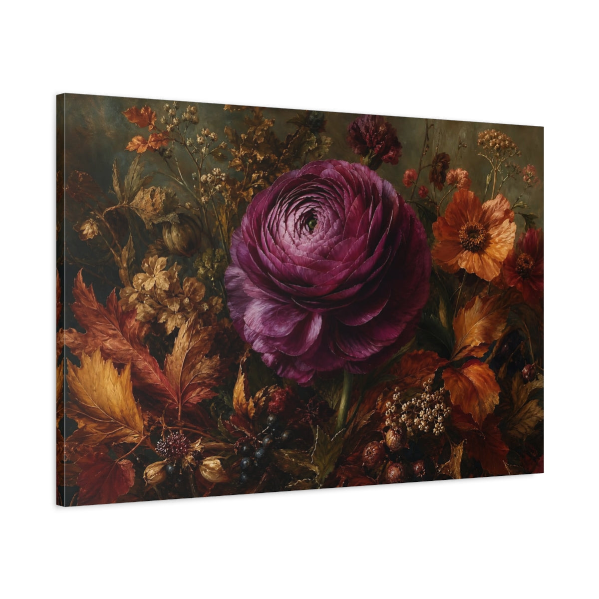 Main Mockup. Floral Ranunculus Flower Purple And Gold Floral shown as stretched canvas wall art