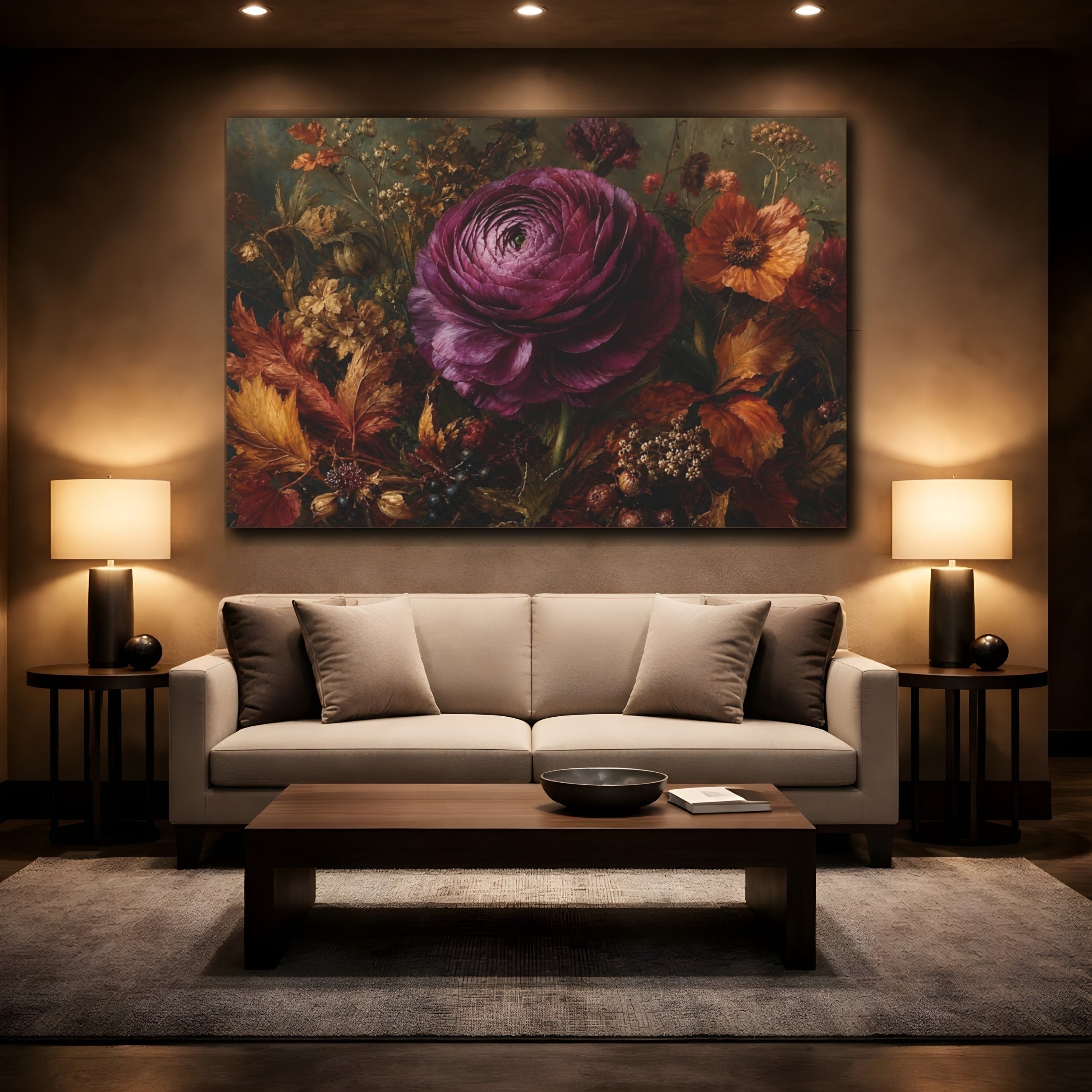 Mockup 2. Floral Ranunculus Flower Purple And Gold Floral shown as stretched canvas wall art