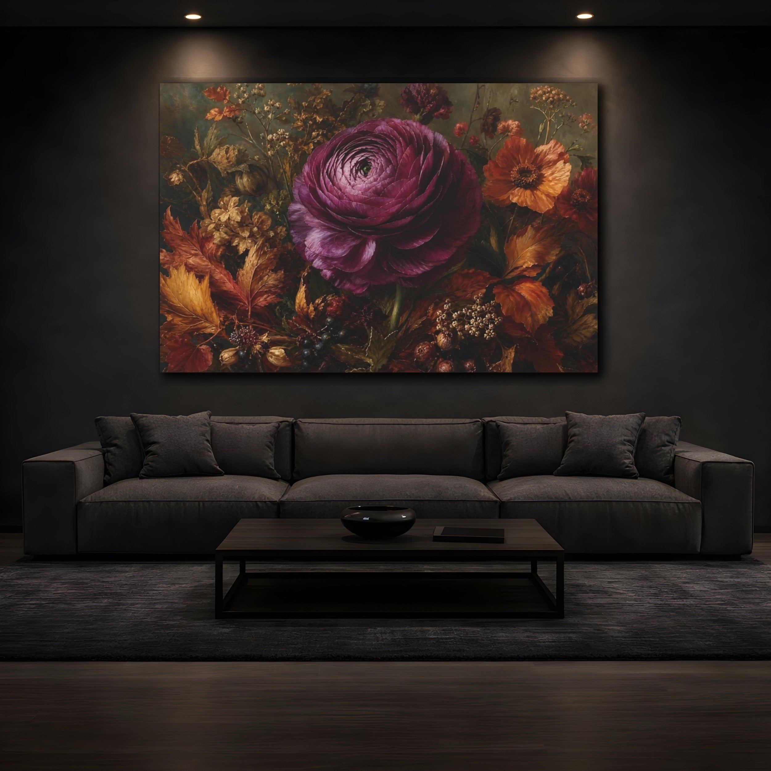 Mockup 3. Floral Ranunculus Flower Purple And Gold Floral shown as stretched canvas wall art