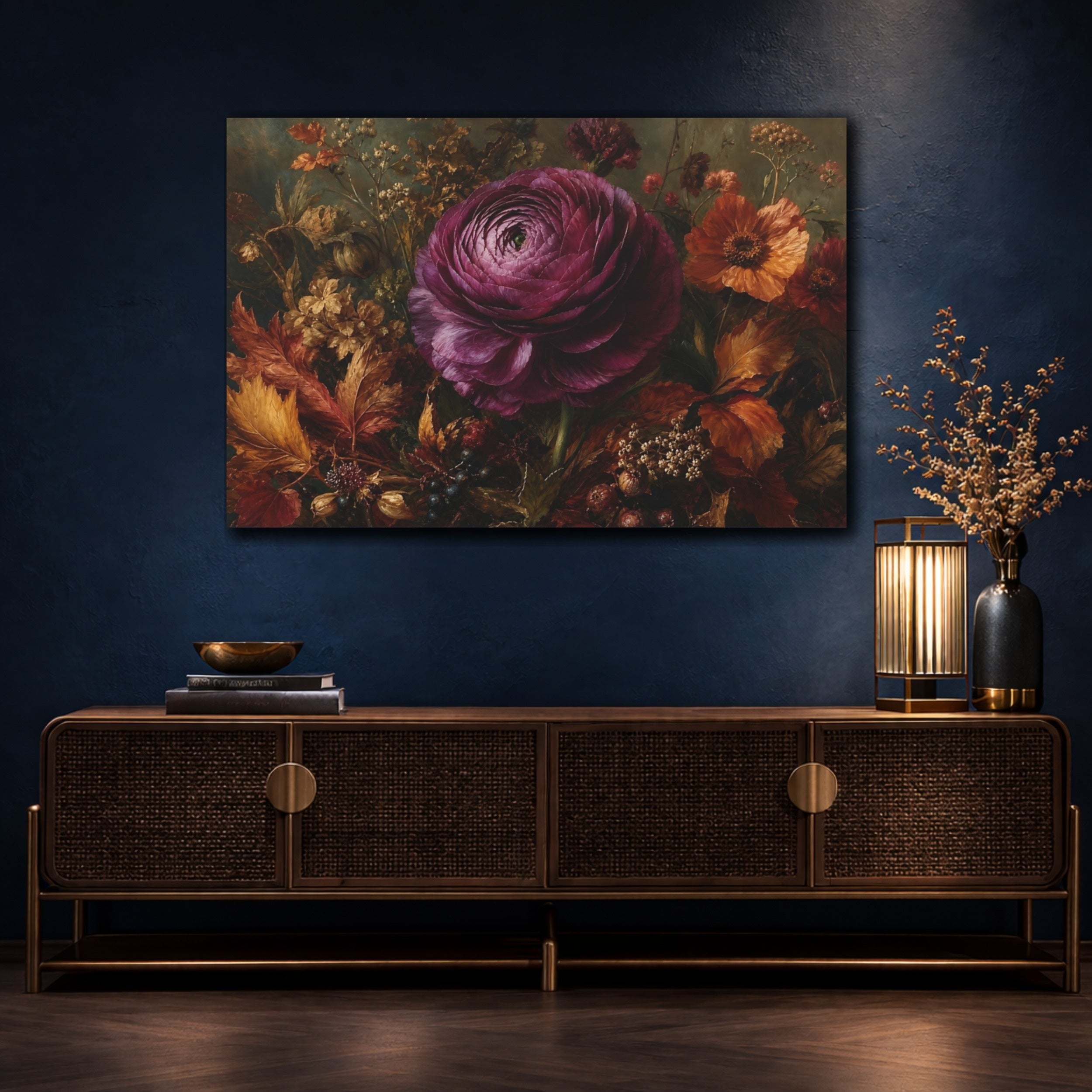 Mockup 4. Floral Ranunculus Flower Purple And Gold Floral shown as stretched canvas wall art