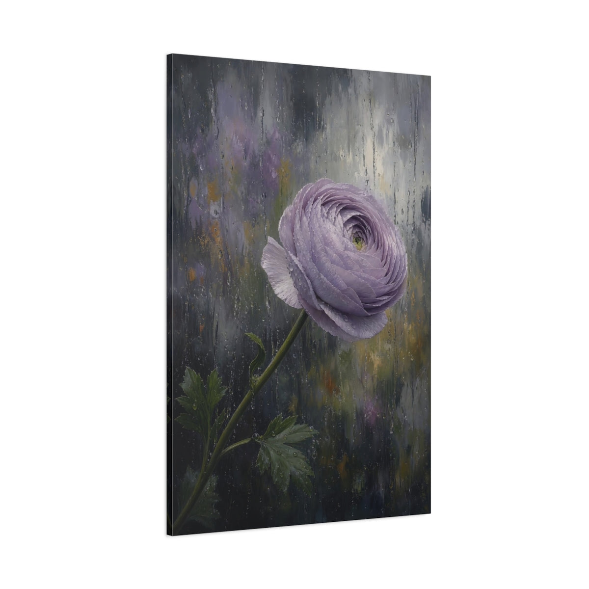 Side Mockup 1. Floral Ranunculus Flower Purple Ranunculus Rain shown as stretched canvas wall art