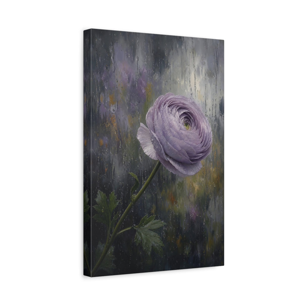 Side Mockup 4. Floral Ranunculus Flower Purple Ranunculus Rain shown as stretched canvas wall art